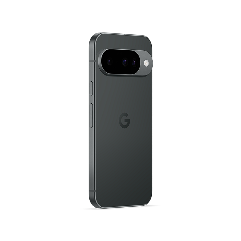 Ein dunkelgraues Google Pixel-Telefon wird von hinten gezeigt. Die Kameraleiste ist prominent und auf der Rückseite befindet sich ein 'G'-Logo.