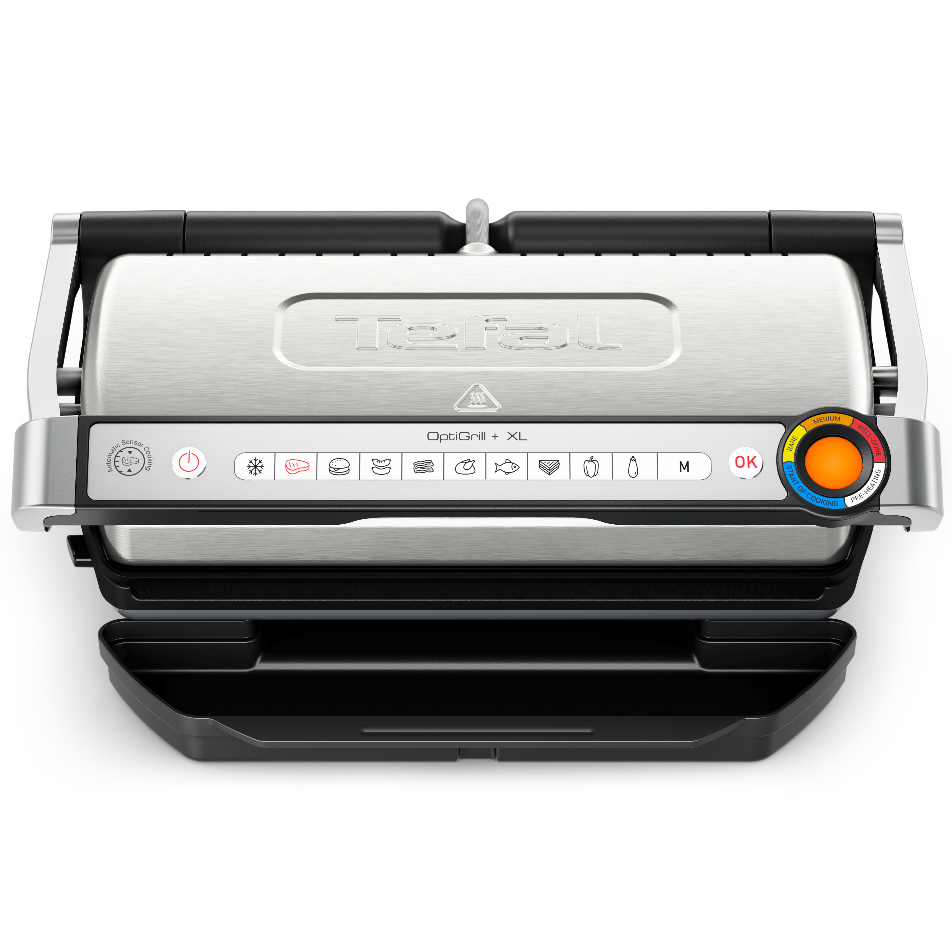 Tefal OptiGrill XL auf schwarzem Hintergrund. Es ist ein Edelstahlgrill mit Bedienfeld und Garstufen.
