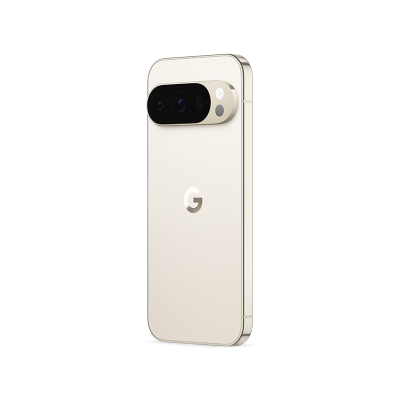 Ein hellbeige Google Pixel-Telefon. Es hat eine Kameraleiste und ein 'G'-Logo auf der Rückseite. Das Telefon ist nach rechts abgewinkelt.