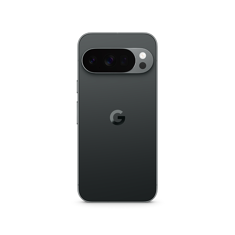 Rückseite eines dunkelgrauen Smartphones. Es hat eine Kameraleiste mit Linsen und einem Blitz. Das Google-Logo ist mittig.