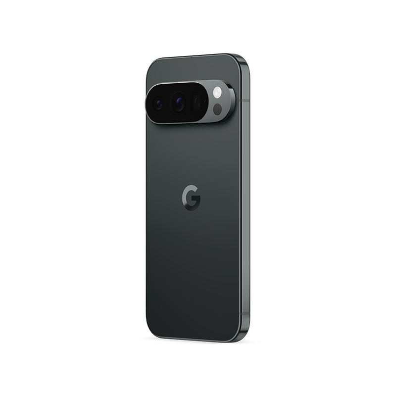 Ein dunkelgraues Google Pixel 7 Pro Smartphone. Es hat eine Kameraleiste mit drei Linsen. Das Google 'G'-Logo ist sichtbar.