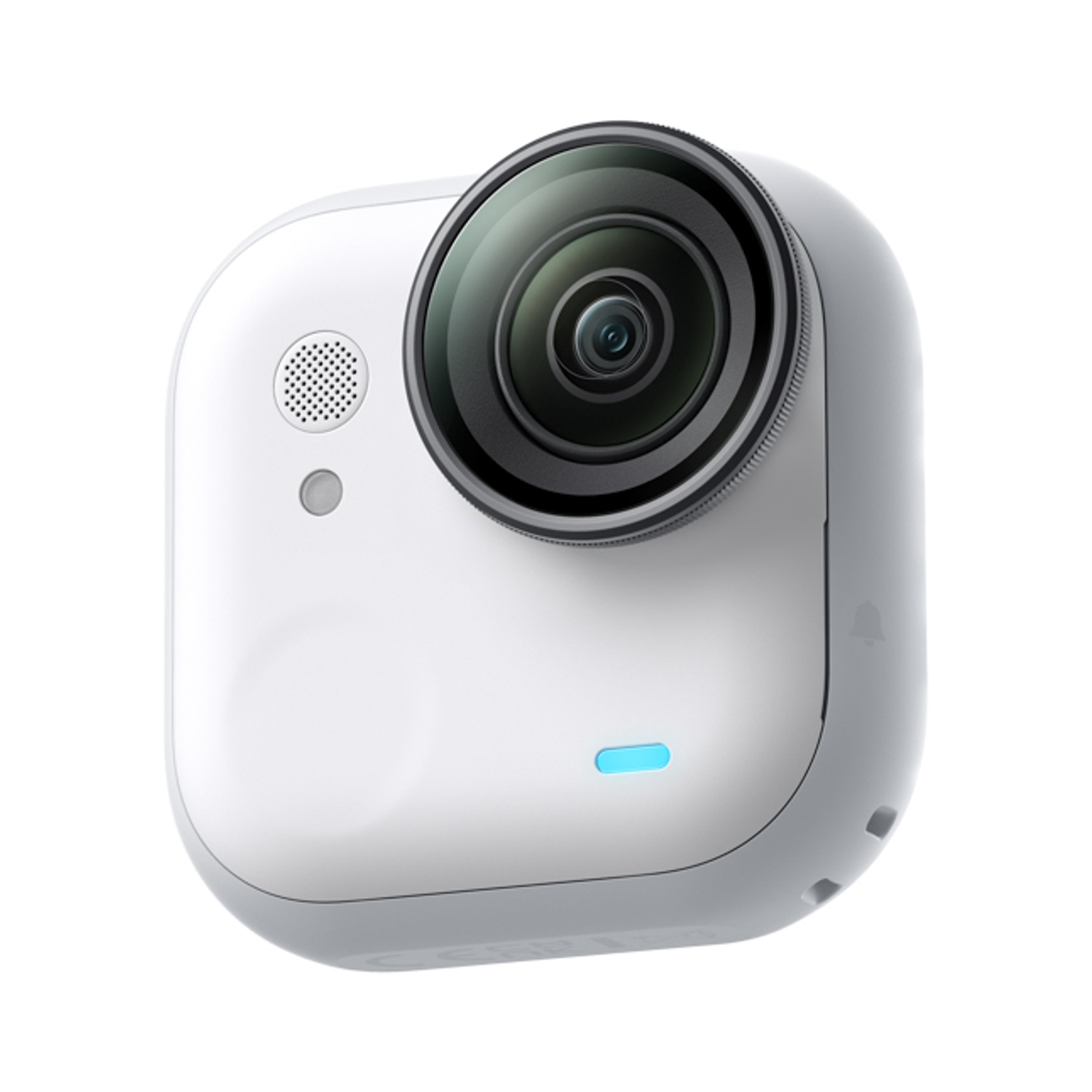 Una action cam bianca e grigia con un grande obiettivo. Ha una luce blu e un altoparlante. È visibile un'icona a campana e due fori.