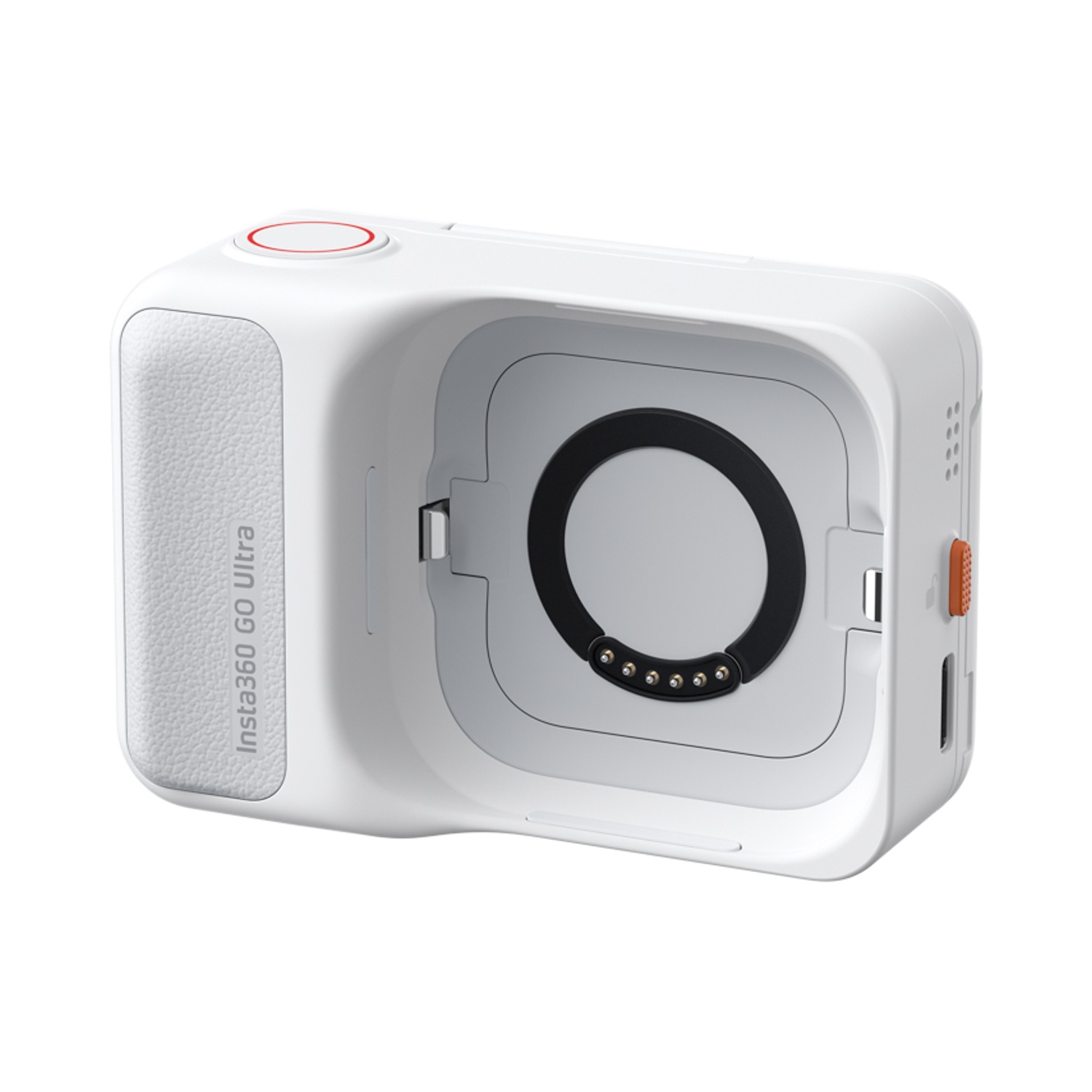 Una custodia bianca per fotocamera Insta360 Go Ultra con lato testurizzato, scomparto aperto e pulsante rosso in alto.