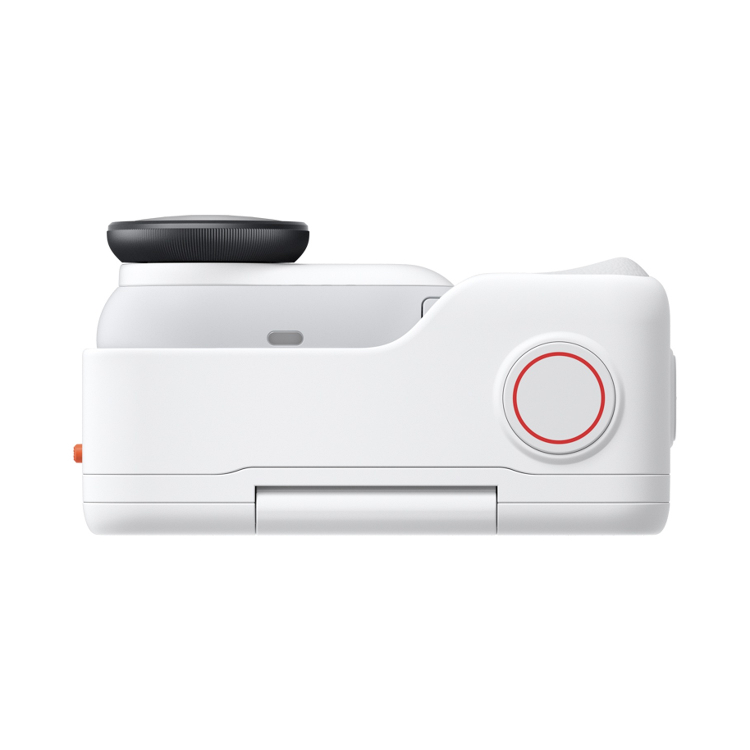 Una fotocamera bianca in un case bianco con una parte superiore nera e un cerchio rosso sul lato. Il case ha un pulsante arancione.