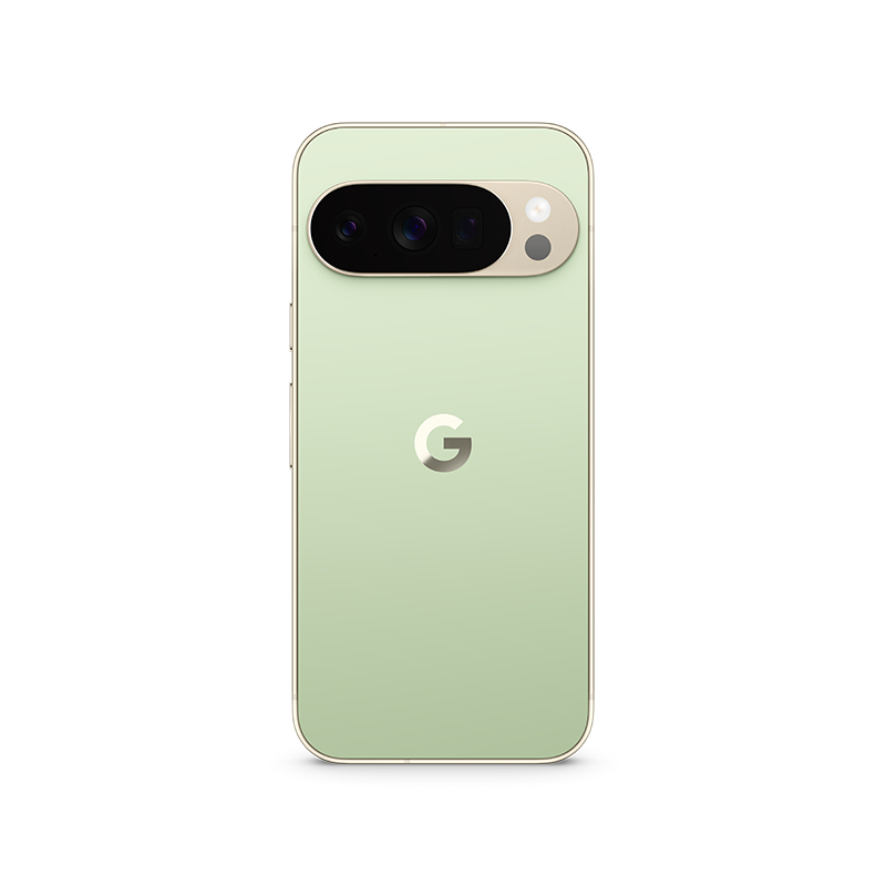 Ein mintgrünes Smartphone mit Kameraleiste, Google-Logo und goldfarbenem Rahmen vor weißem Hintergrund.