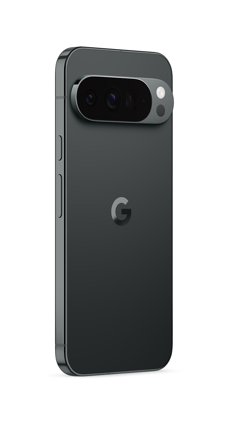 Ein schwarzes Google Pixel-Telefon. Die Rückseite hat eine Kameraleiste und ein 'G'-Logo. Das Telefon ist leicht angewinkelt.