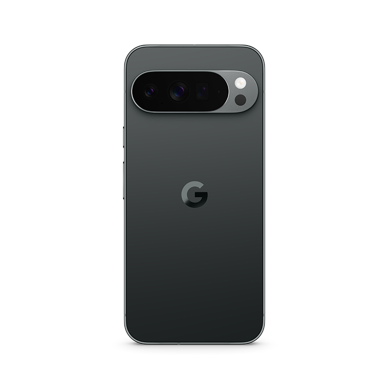 Rückseite eines dunkelgrauen Google Pixel-Telefons mit Kameraleiste, „G“-Logo und elegantem Design. Details umfassen Objektive und Blitz.