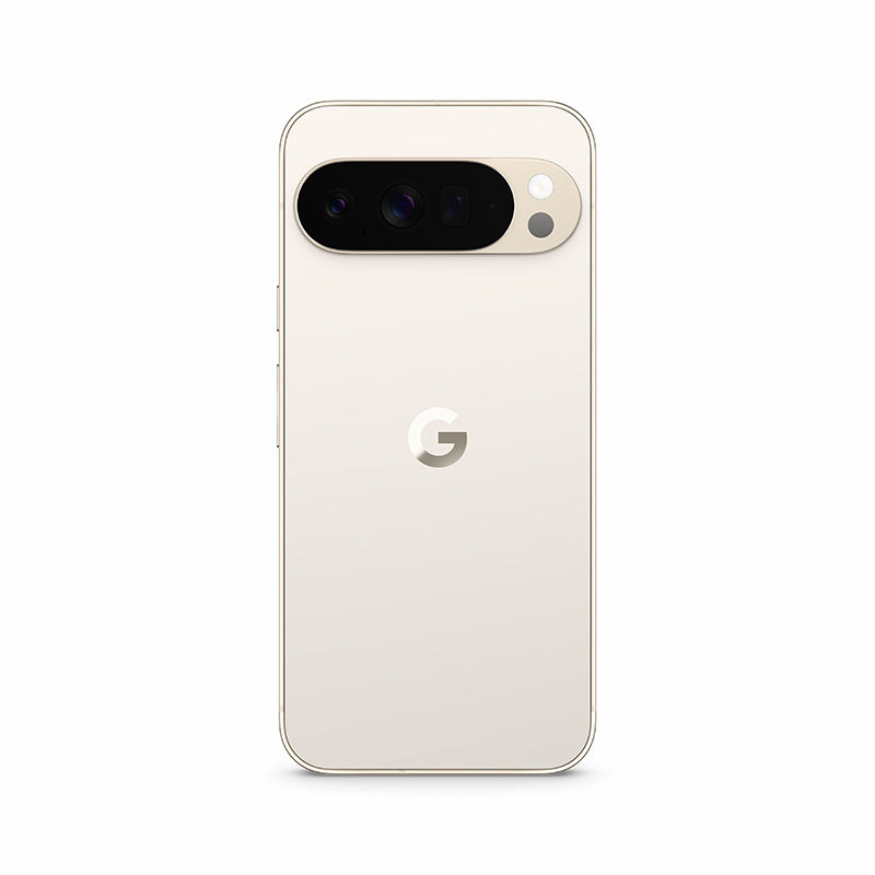 Rückseite eines goldenen Google Pixel-Telefons. Es hat eine Kameraleiste mit Objektiven und ein 'G'-Logo.