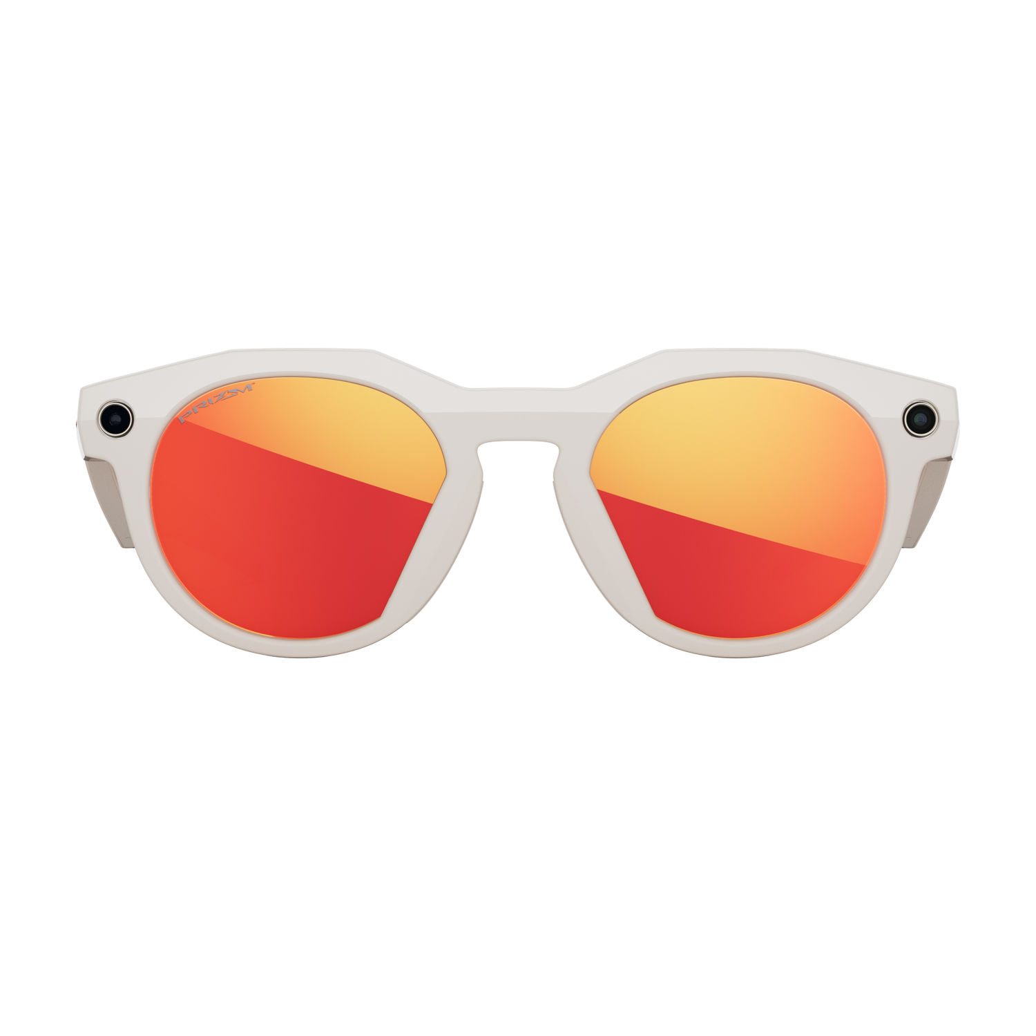 Gafas de sol con montura blanca y lentes rojas/naranjas. Pequeñas cámaras en los lados, fondo gris. Las lentes reflejan luz.