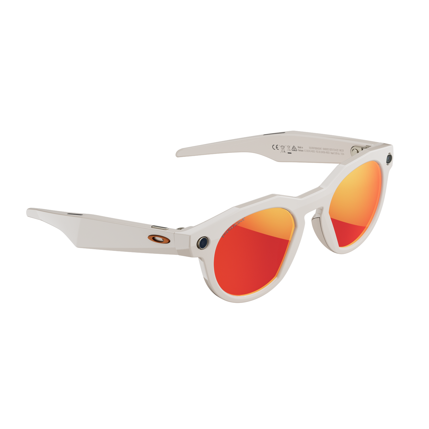 Gafas de sol blancas con lentes rojas sobre fondo gris. Las gafas tienen un diseño moderno con un aspecto elegante y futurista.