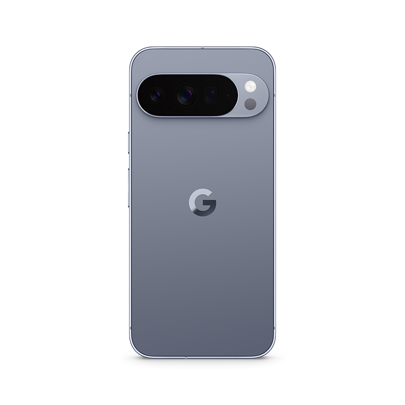 Graue Google Pixel-Telefonrückseite. Mit Kameraleiste mit Objektiven und Blitz. Das Google-'G'-Logo ist zentriert.