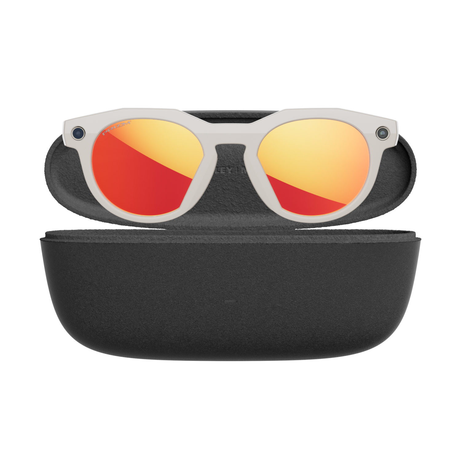 Gafas de sol blancas con lentes naranjas en un estuche negro abierto. El fondo es gris sólido.