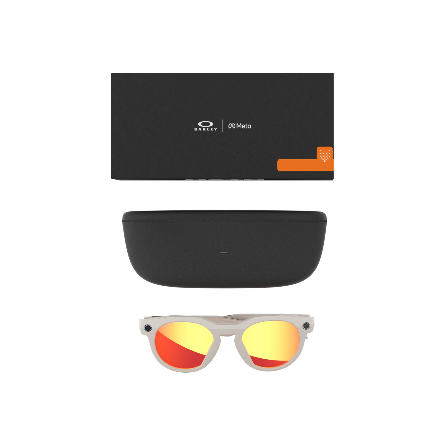 Gafas de sol con montura blanca, lentes rojo-amarillas, estuche y caja. La caja tiene logotipos de Oakley y Meta.