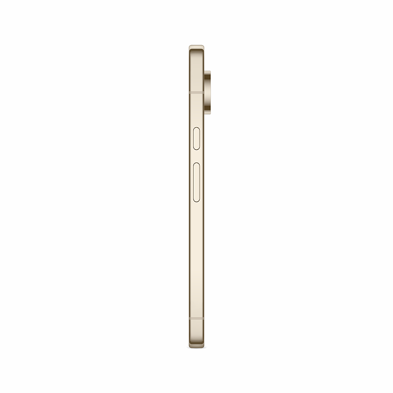 Seitenansicht eines goldenen Smartphones. Ein-/Aus- und Lautstärketasten sichtbar. Kameraausbuchtung oben, Telefon auf weißem Hintergrund.