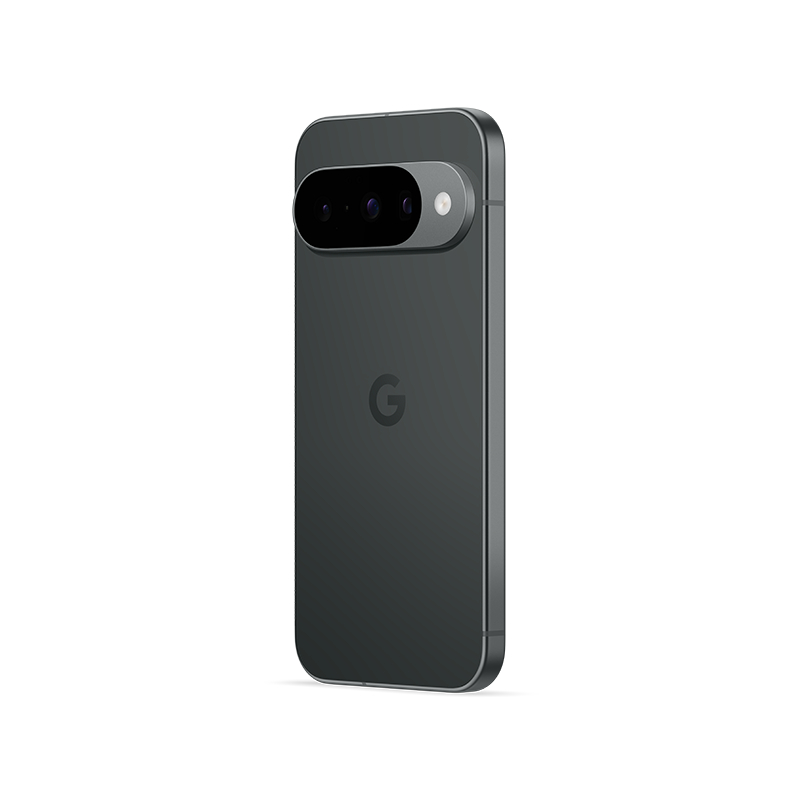 Rückansicht eines dunkelgrauen Google Pixel 7 Pro. Es hat drei Kameras und einen Blitz. Das Google 'G'-Logo ist sichtbar.