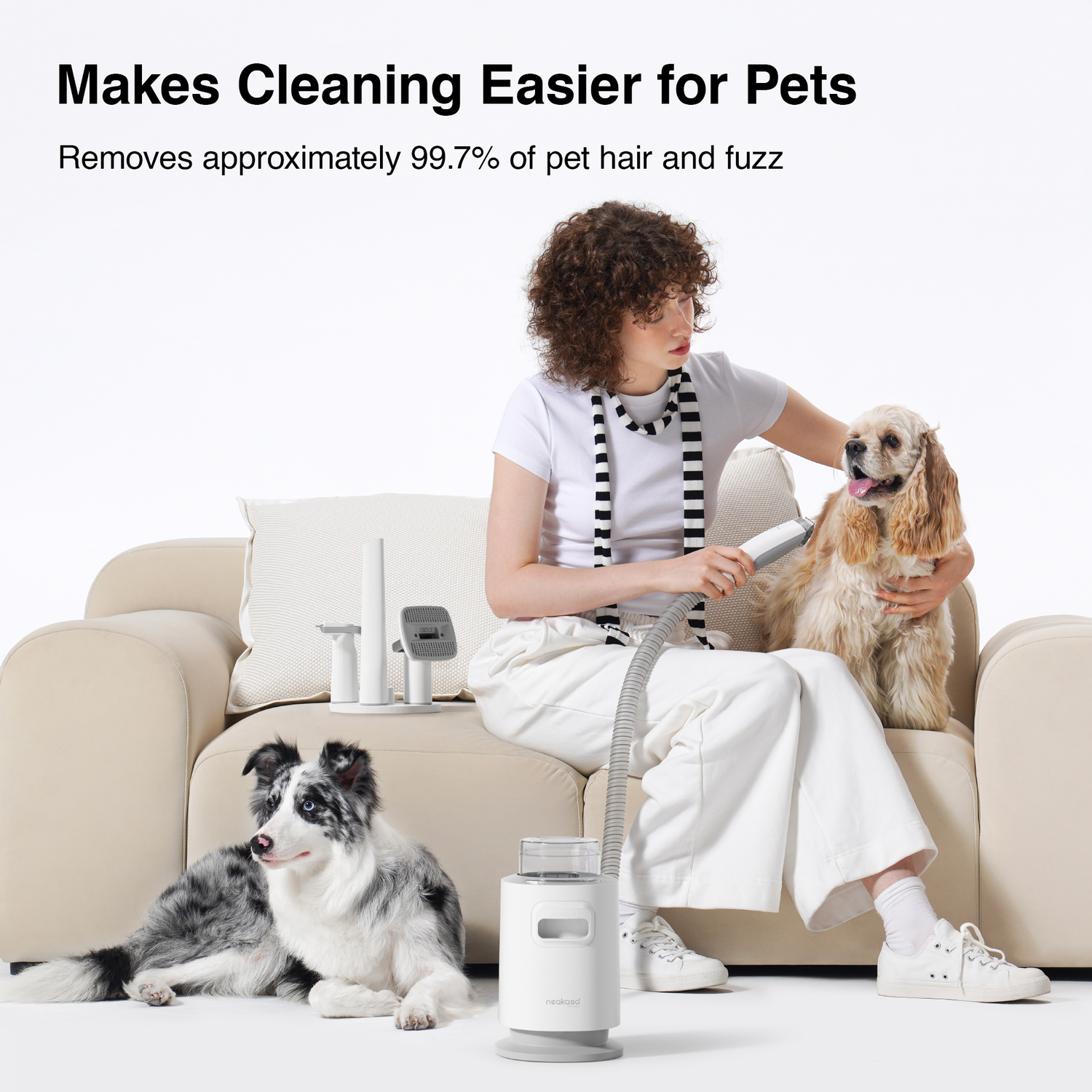 A woman uses a pet hair remover on a dog, while another dog sits on the floor. The scene is set in a white room.