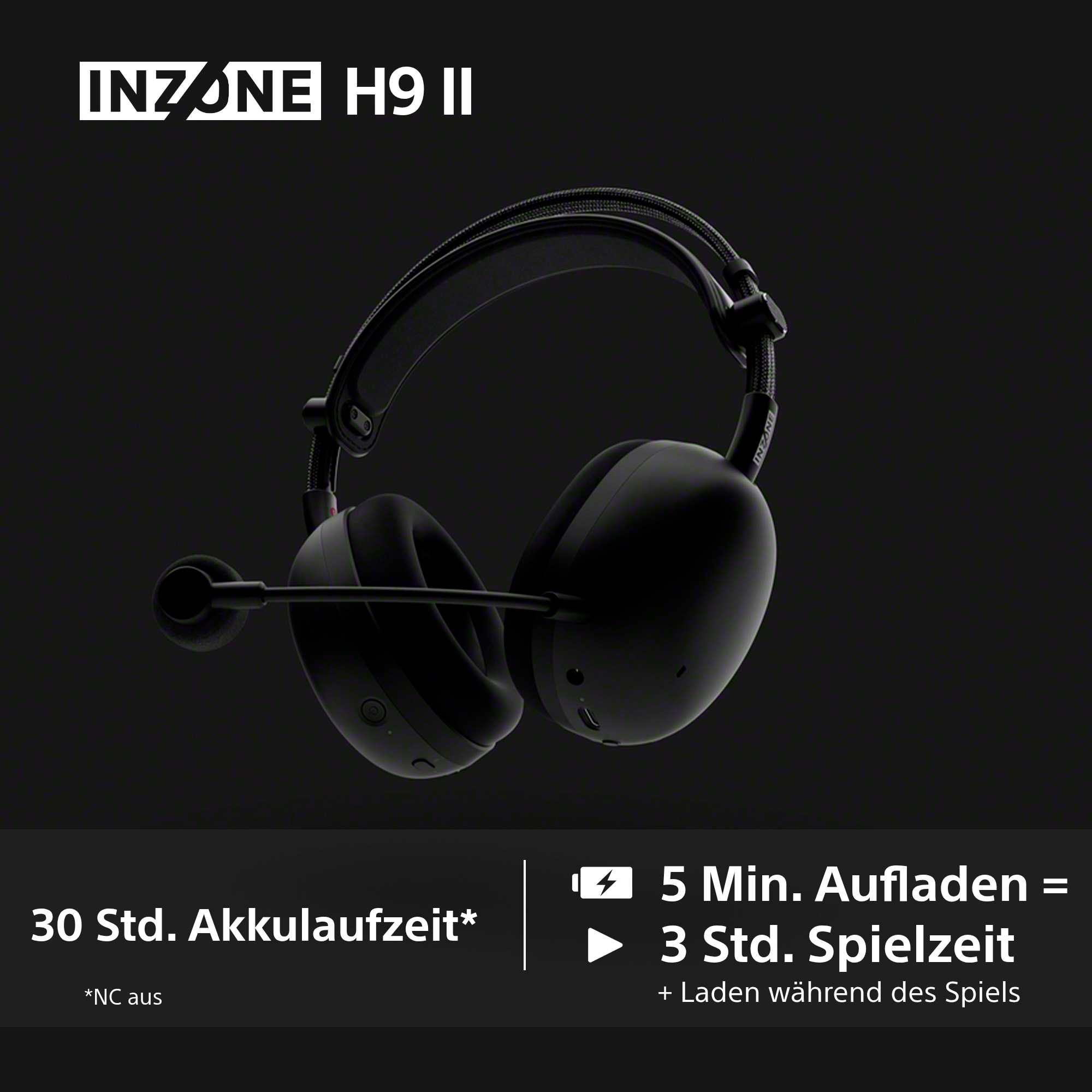 Schwarzer INZONE H9 II-Kopfhörer mit Mikrofon vor dunklem Hintergrund. Text zeigt Akkulaufzeit und Ladezeit an.