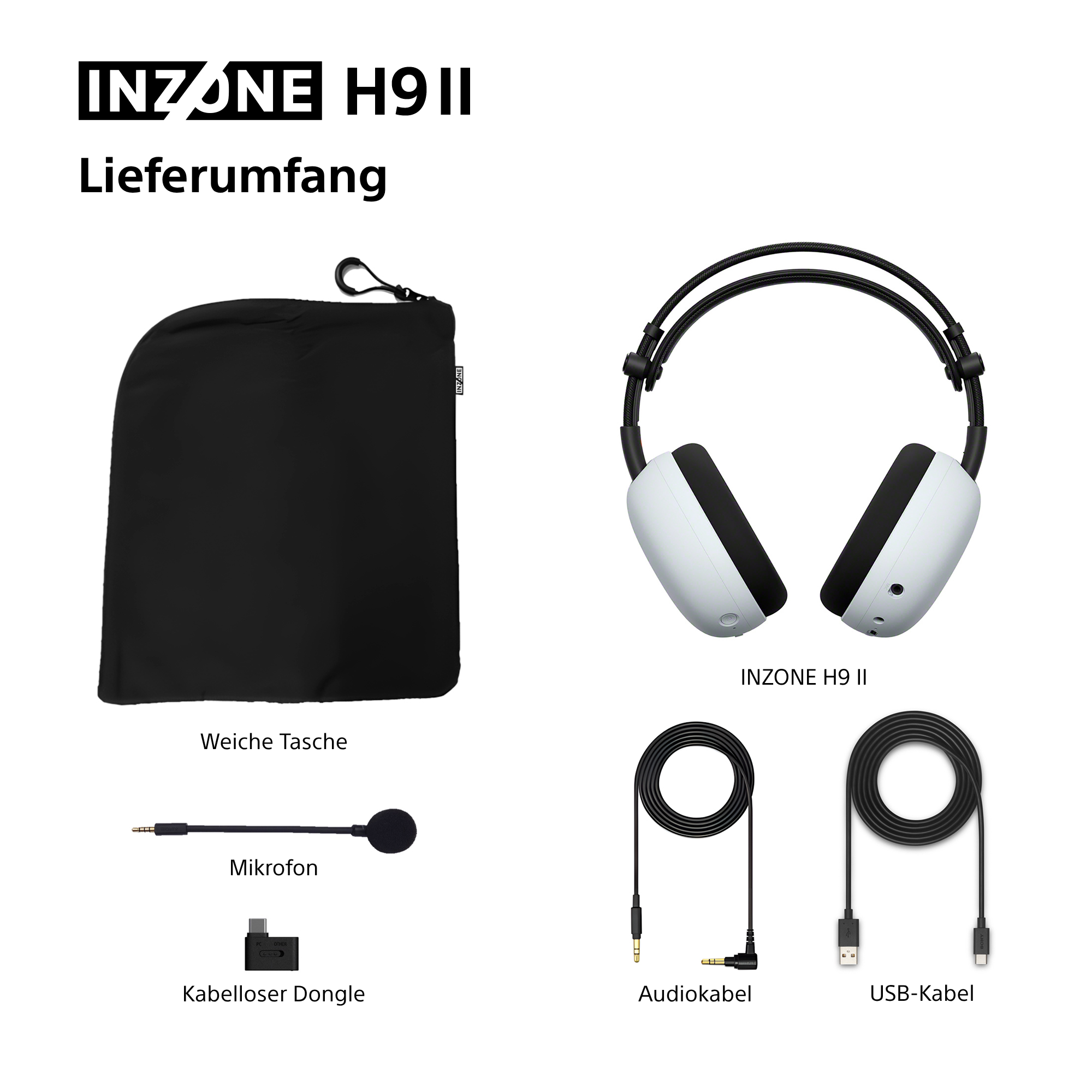 Das Bild zeigt INZONE H9 II Kopfhörer, Tragetasche, Mikrofon, Dongle, Audiokabel und USB-Kabel.