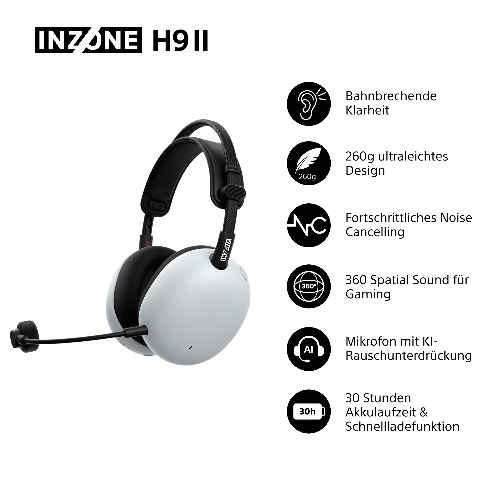 Weißes und schwarzes INZONE H911 Headset. Merkmale sind Noise Cancelling, 360 Spatial Sound, KI-Mikrofon und 30h Akku.