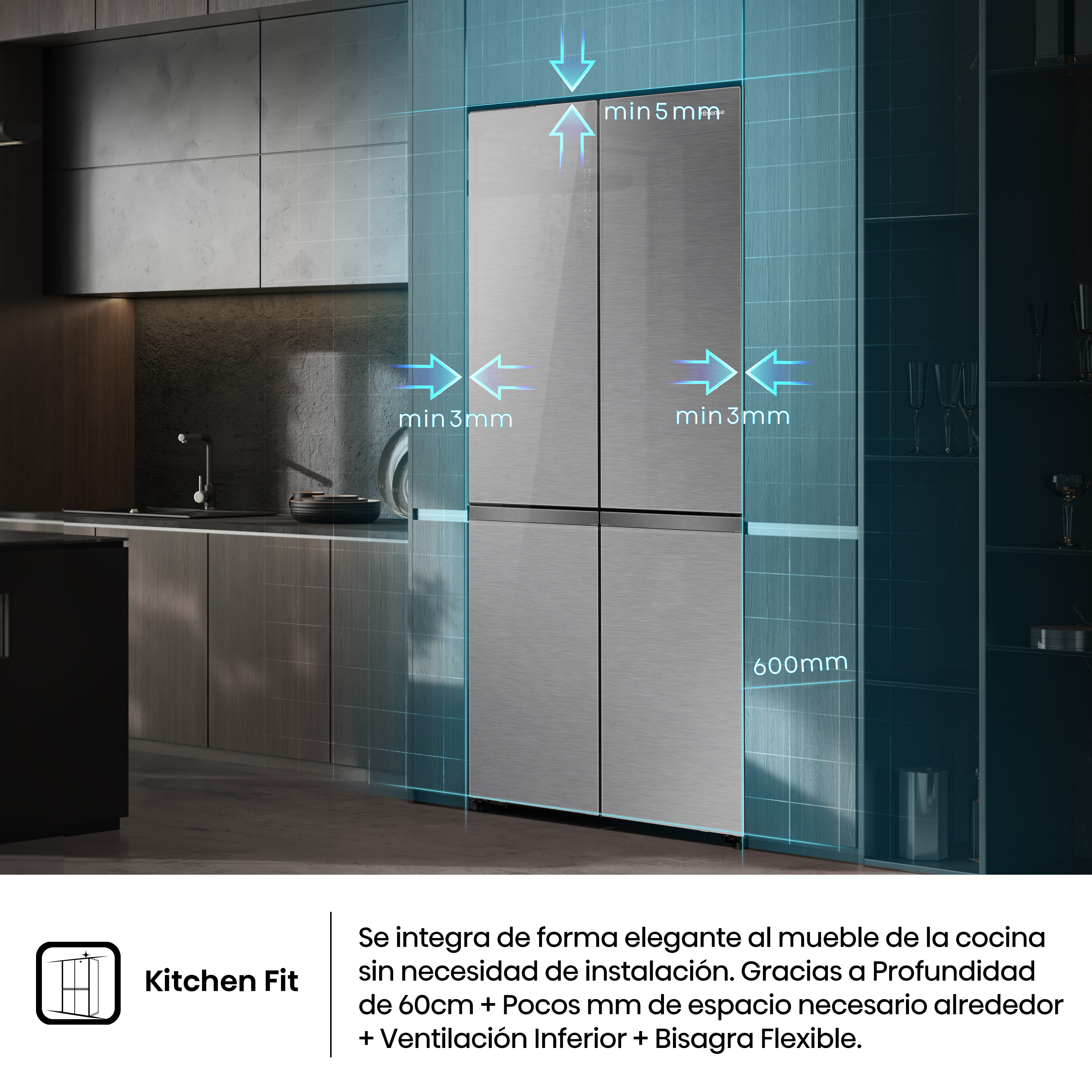 Frigorífico de acero inoxidable en cocina moderna. Destaca dimensiones de instalación.
