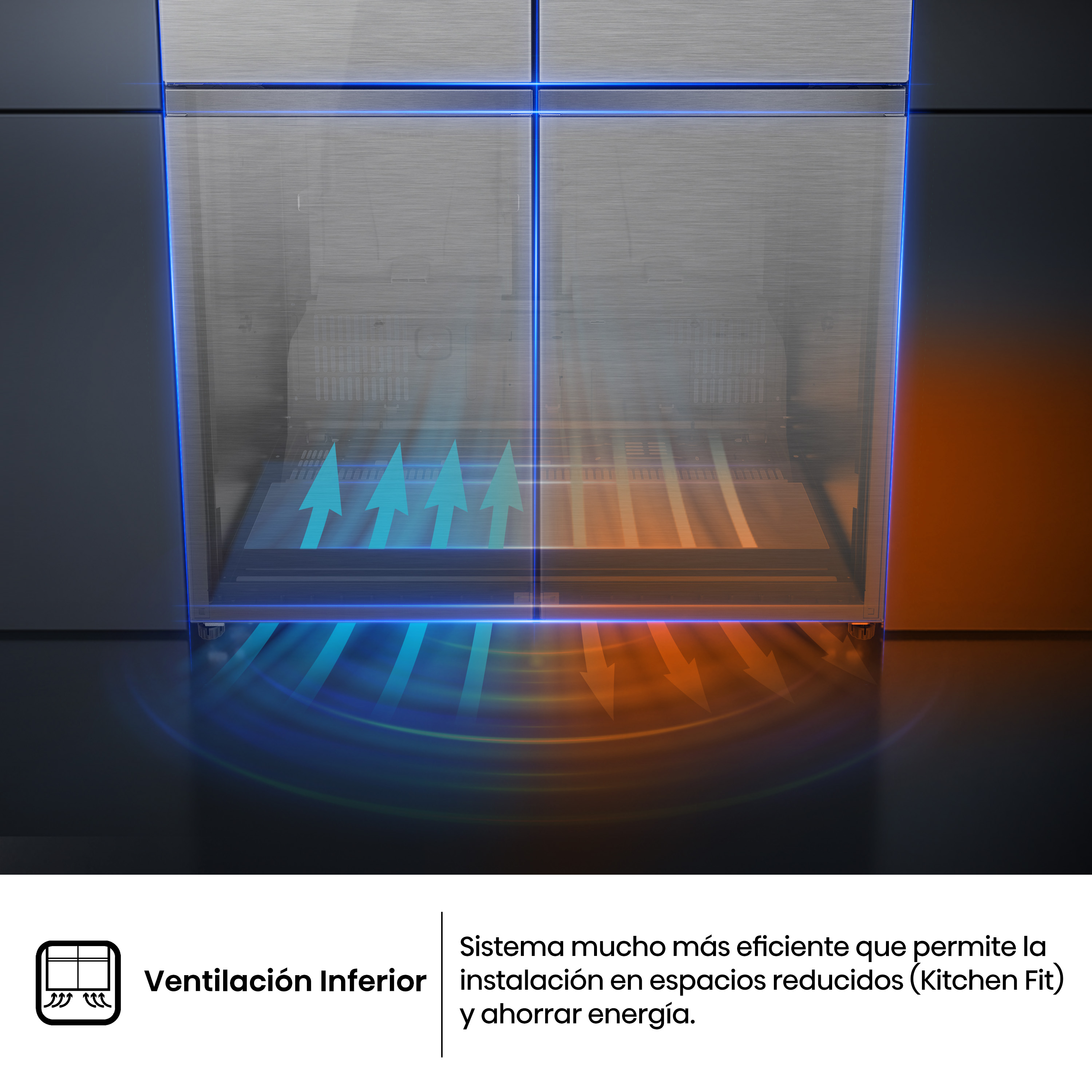 Diagrama de ventilación del electrodoméstico con flechas que muestran el flujo de aire. Efecto de luz azul y naranja presente.