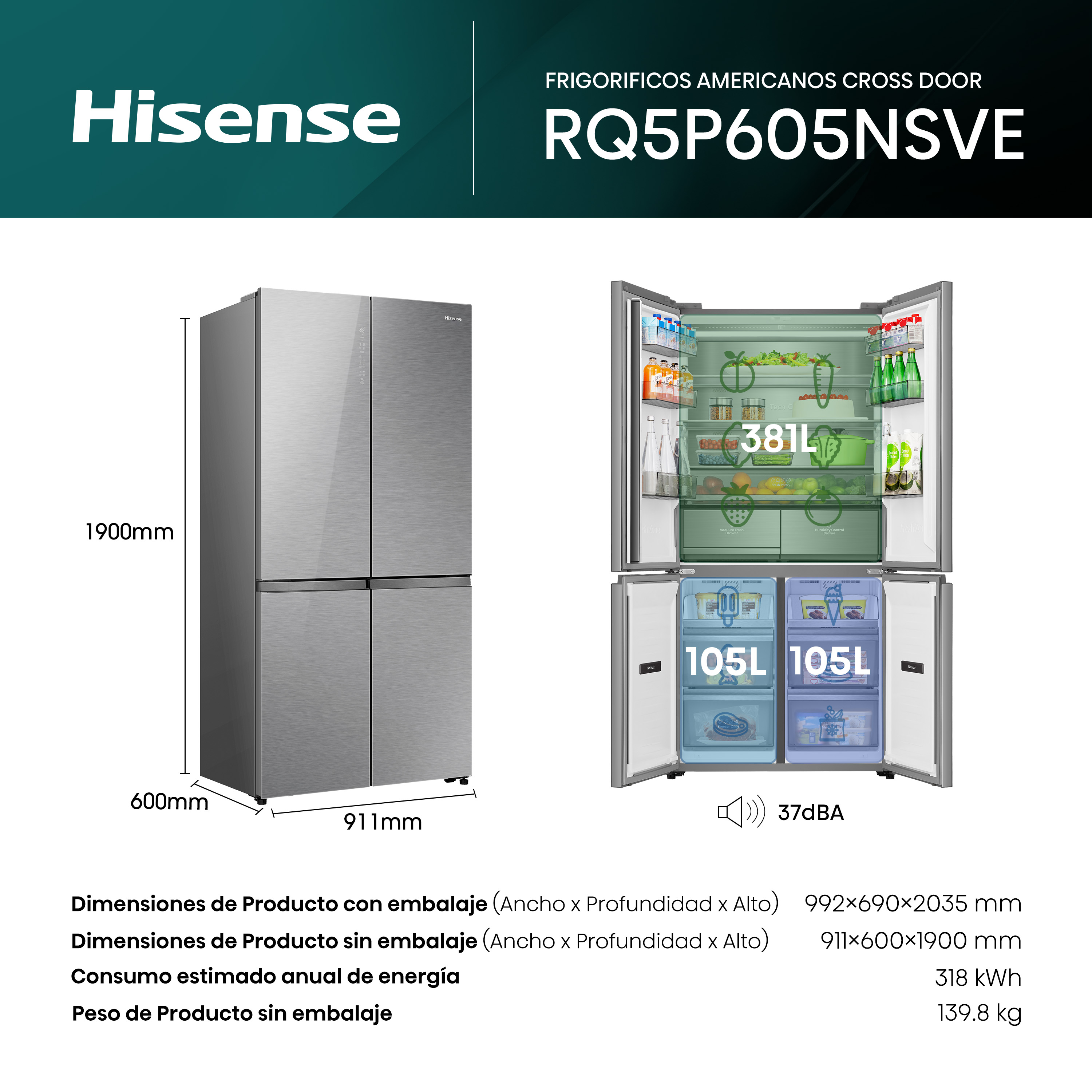 Refrigerador Hisense, plateado, puertas abiertas mostrando contenido. Dimensiones y especificaciones listadas.