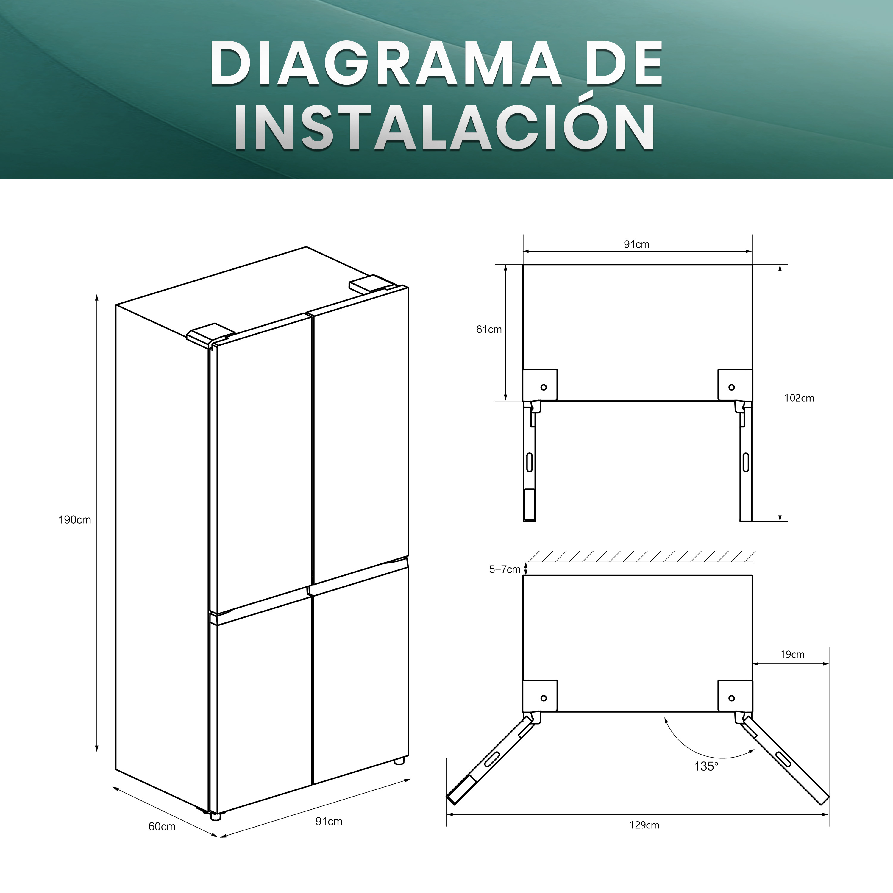 Diagrama con medidas de un refrigerador, mostrando dimensiones y ángulos para la instalación.