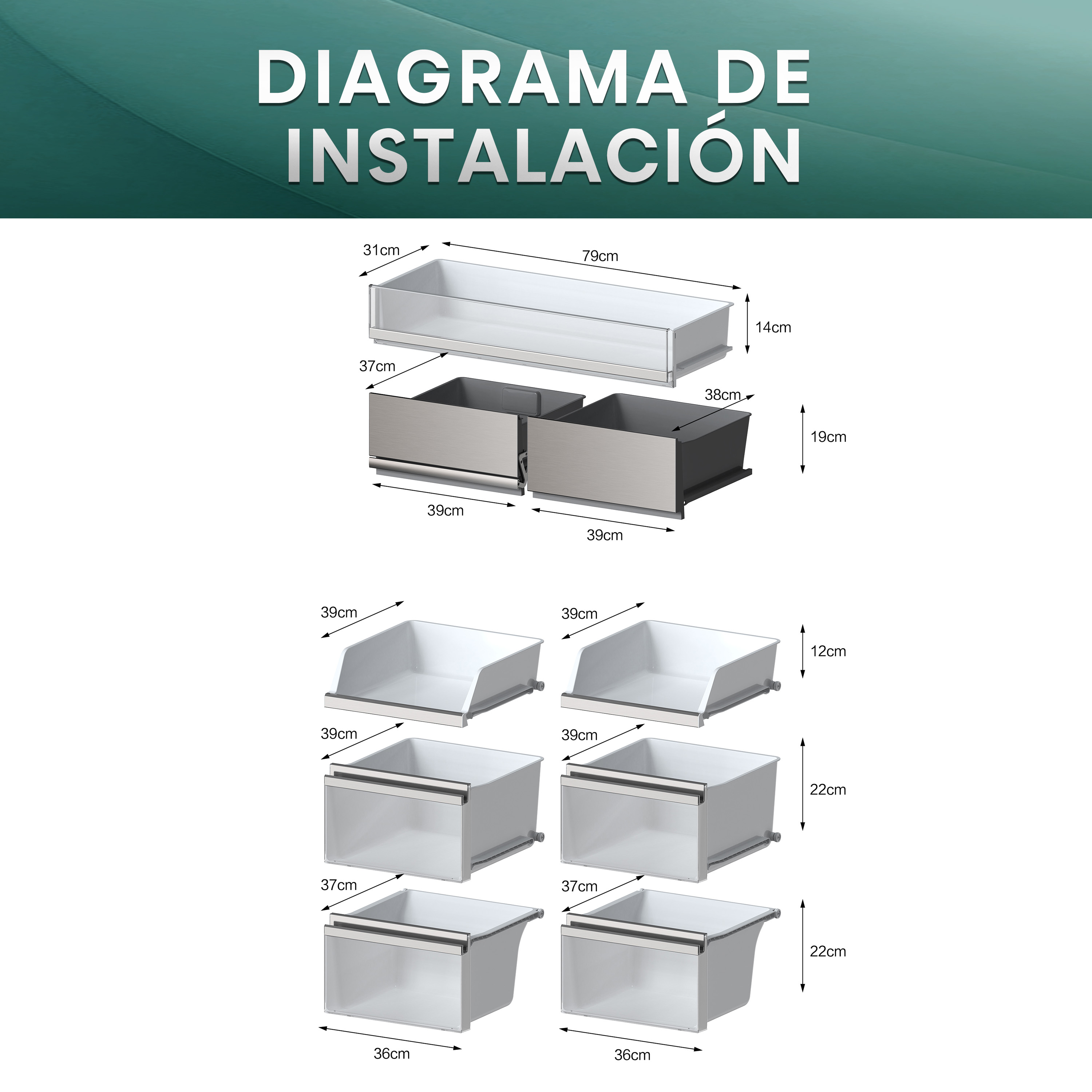 Diagrama de instalación con componentes de cajones y dimensiones en centímetros. Incluye múltiples vistas de cajones.