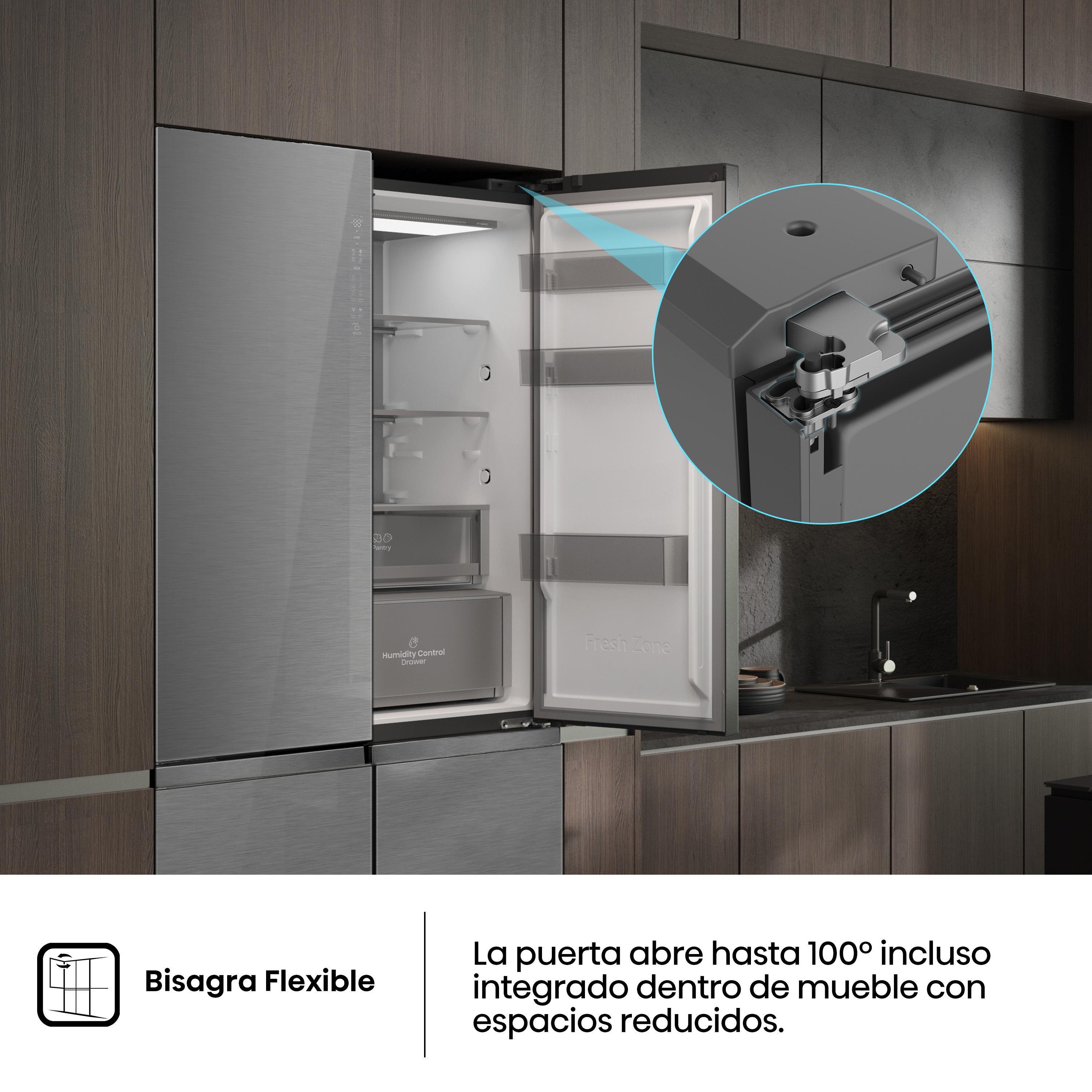 Un refrigerador con la puerta abierta, mostrando estantes y cajones interiores. Un diagrama resalta una bisagra flexible.