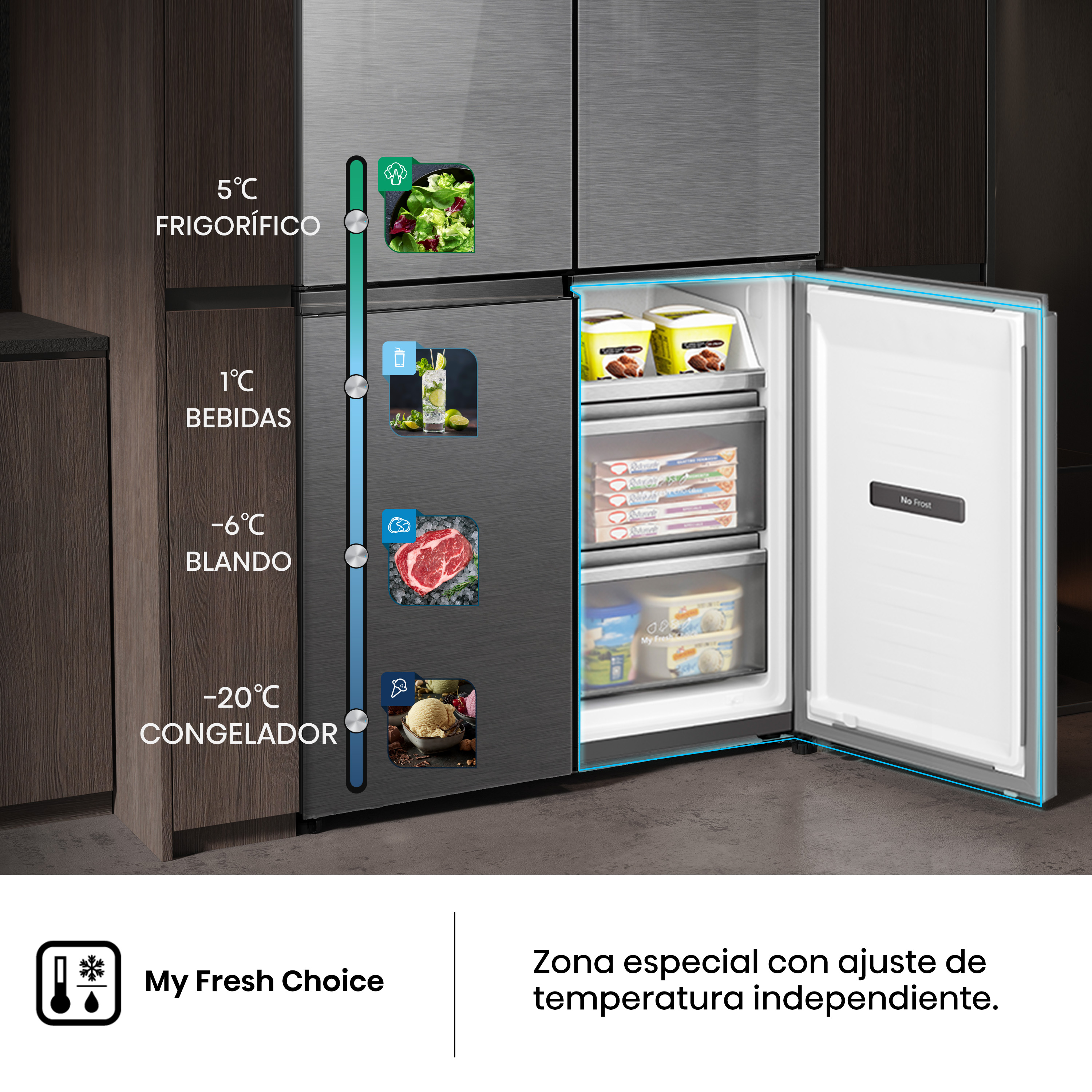 Un refrigerador moderno con la puerta abierta. Dentro, hay alimentos y ajustes de temperatura en la puerta.