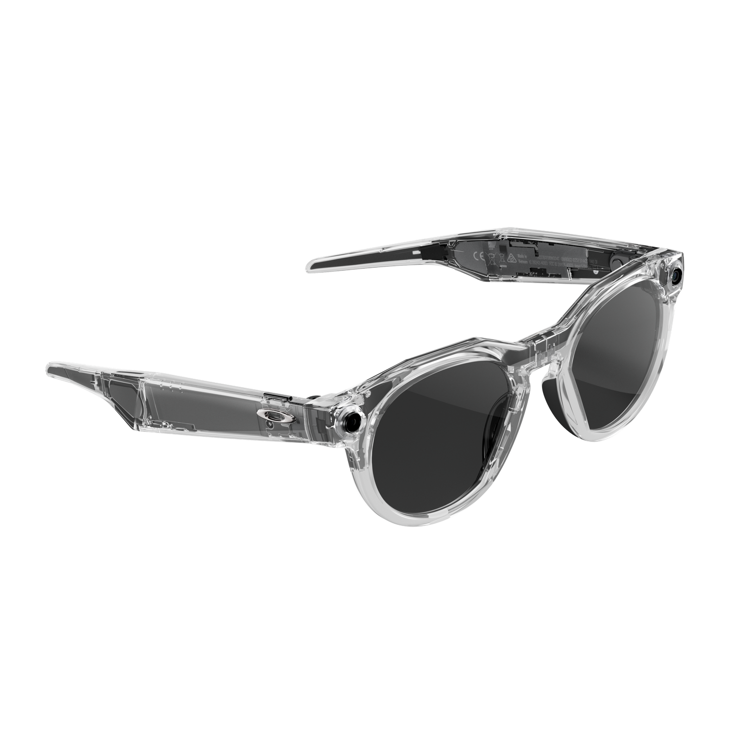Gafas de sol con montura transparente y lentes oscuras, sobre fondo gris. Las gafas son transparentes, revelando componentes internos.