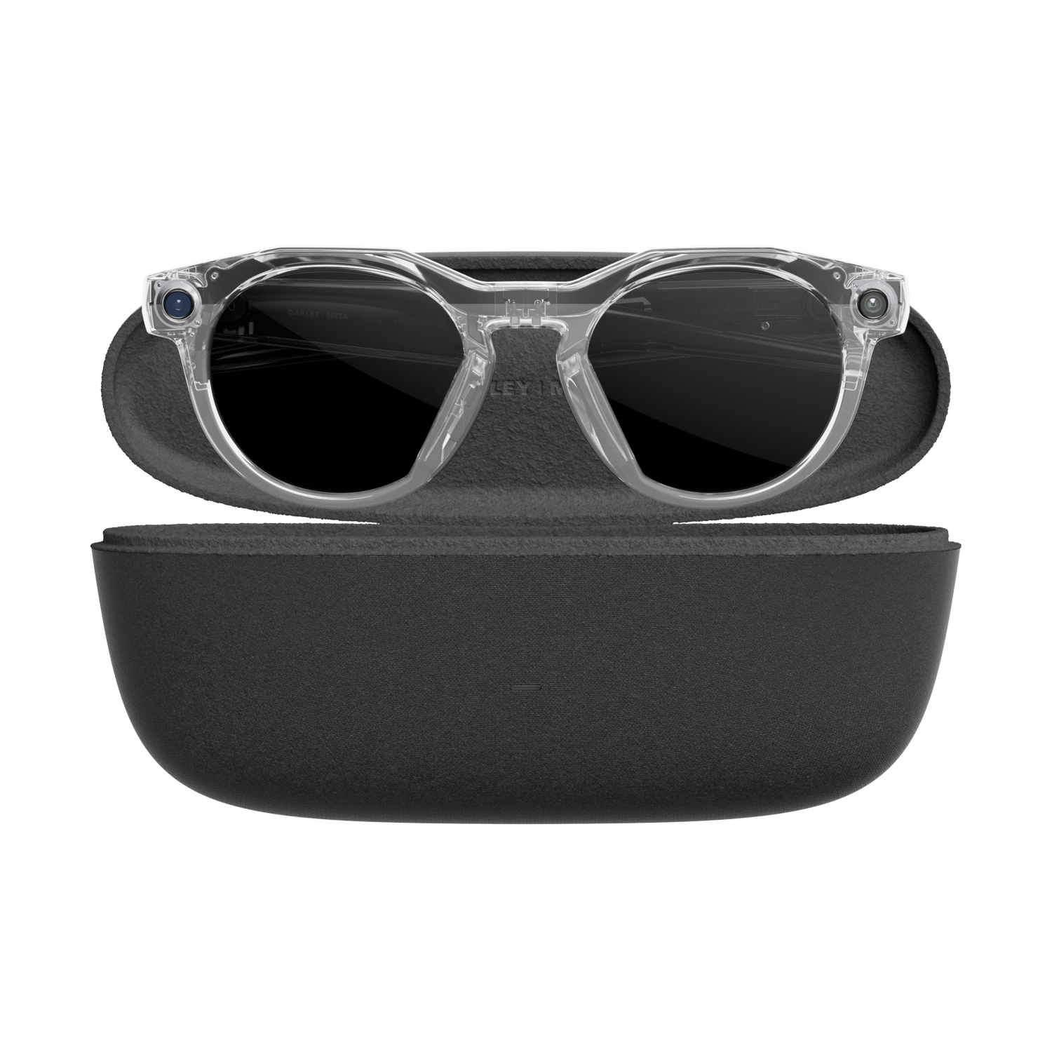 Gafas inteligentes de montura transparente con lentes negras en un estuche negro abierto. Fondo gris medio.