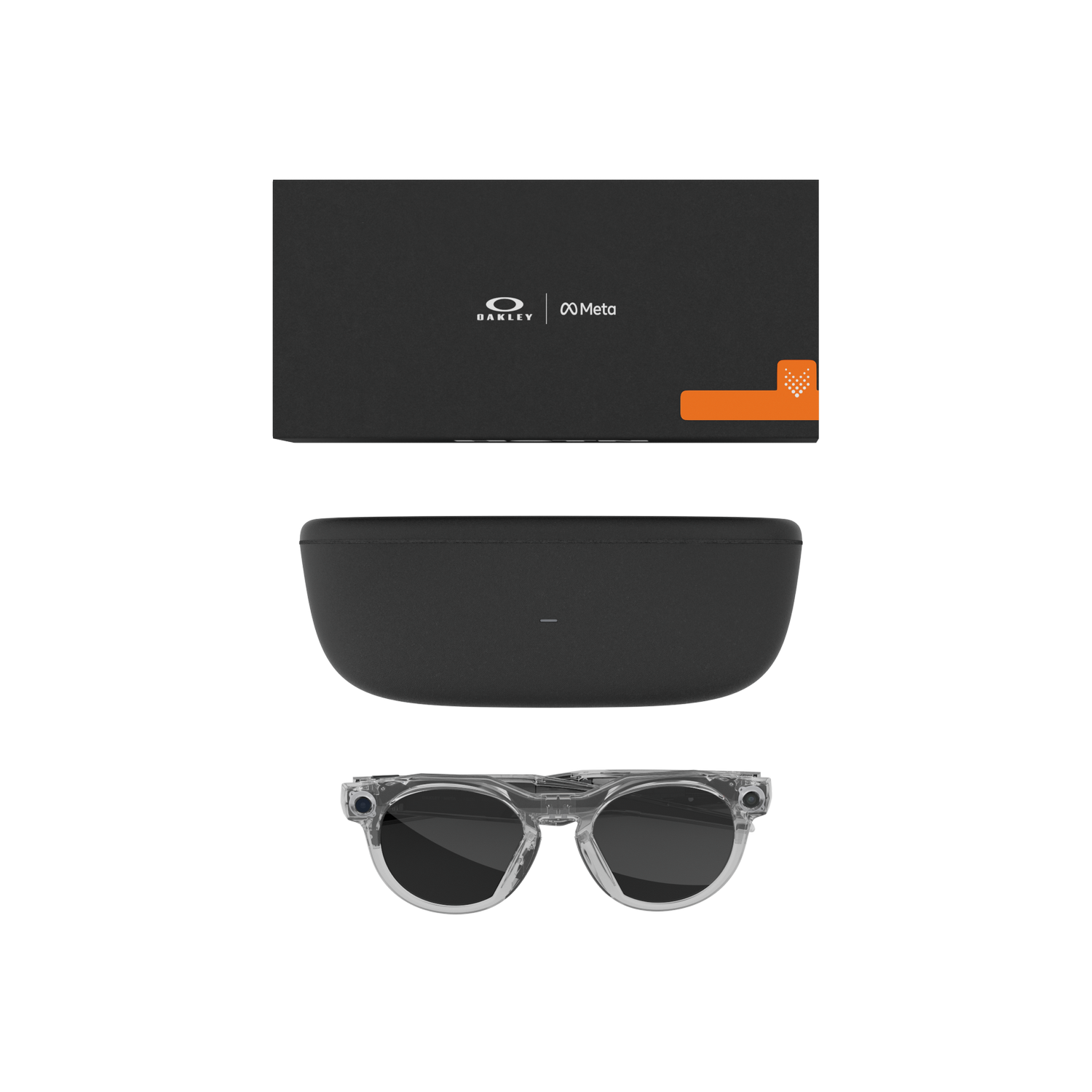 Gafas inteligentes Oakley Meta, estuche y caja sobre gris. Caja y estuche negros. Gafas con montura transparente, lentes oscuras.