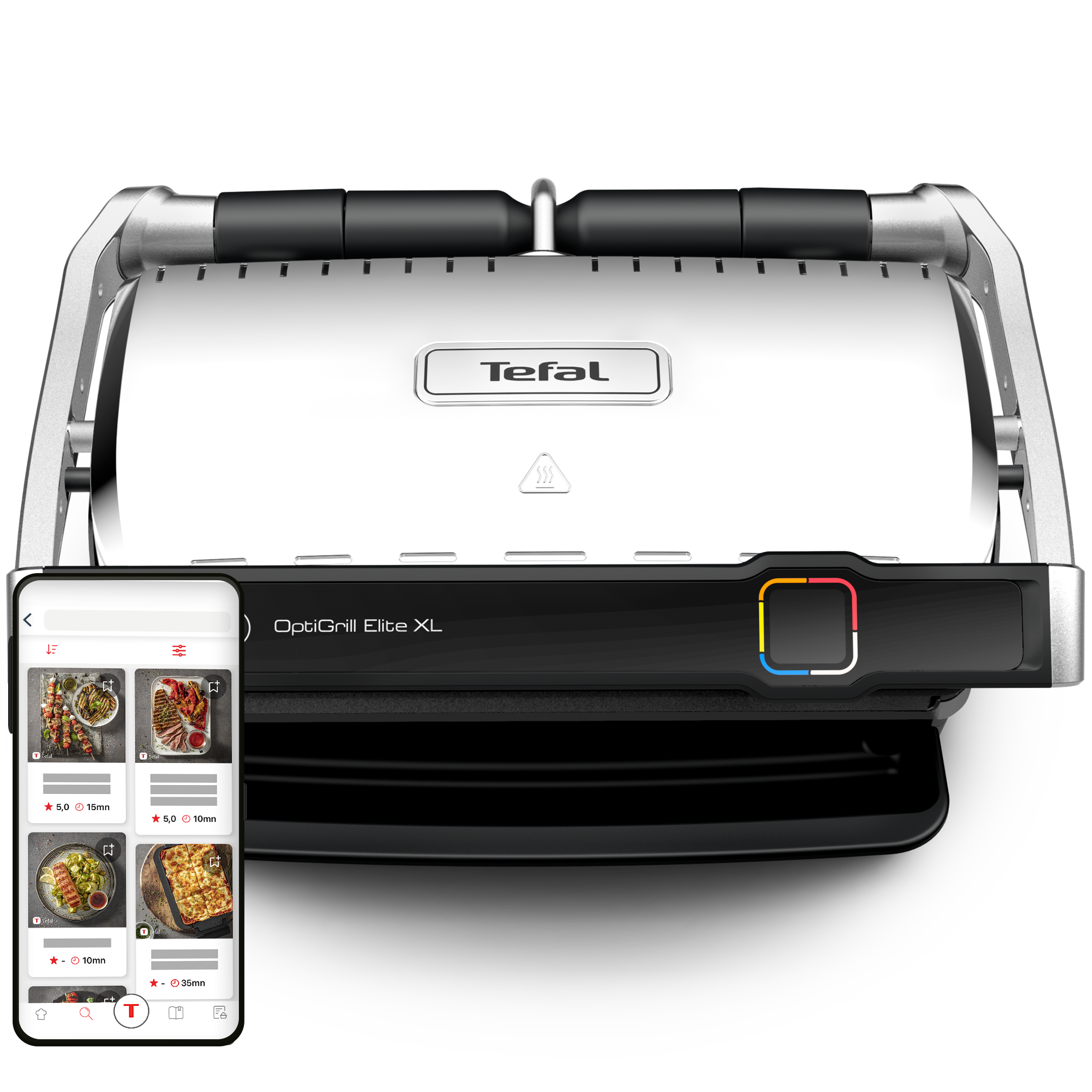 Tefal OptiGrill XL mit Telefon, das Rezepte anzeigt. Der Grill ist weiß und schwarz mit einer bunten Anzeige. Schwarzer Hintergrund.