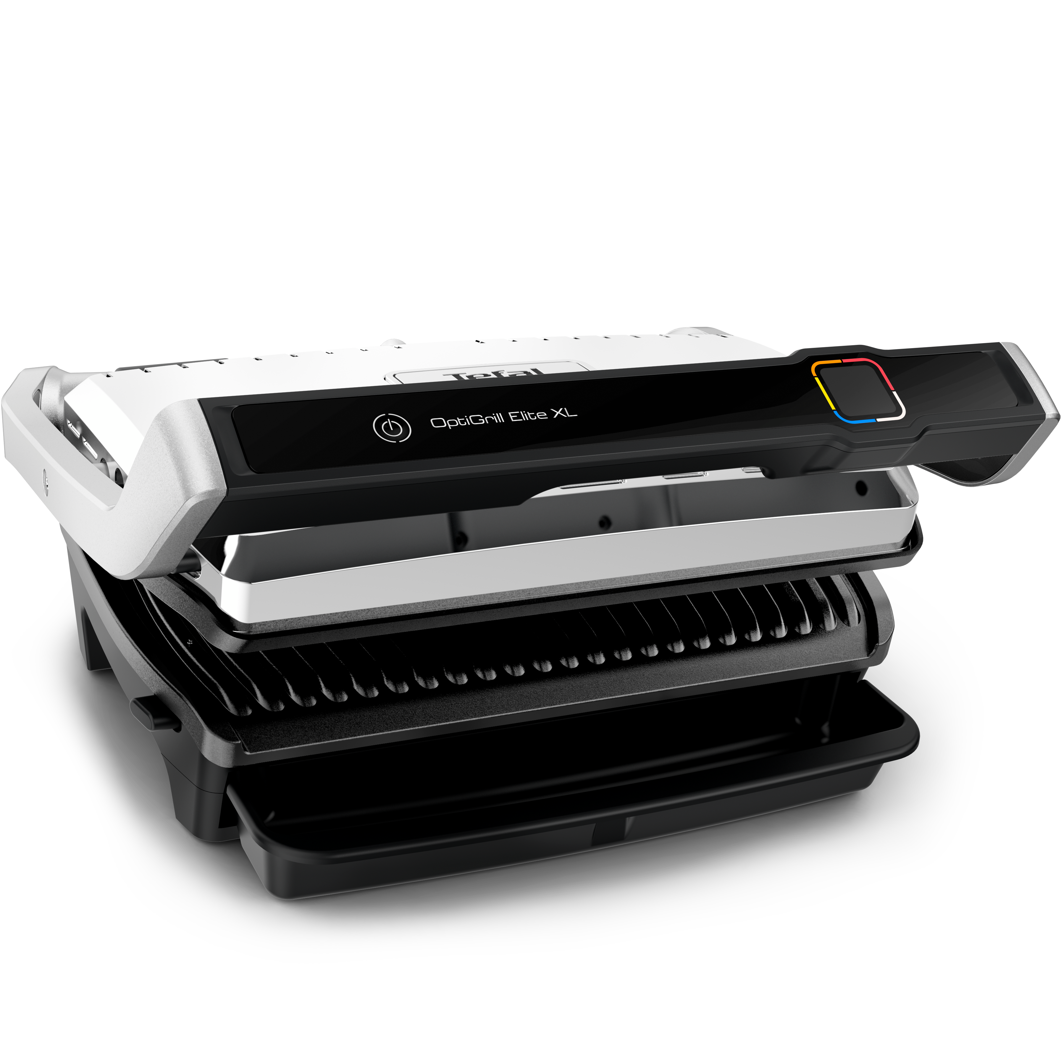 Ein OptiGrill Elite XL, ein schwarzer und silberner Elektrogrill, wird gezeigt. Der Grill ist geöffnet und zeigt die Kochplatten.