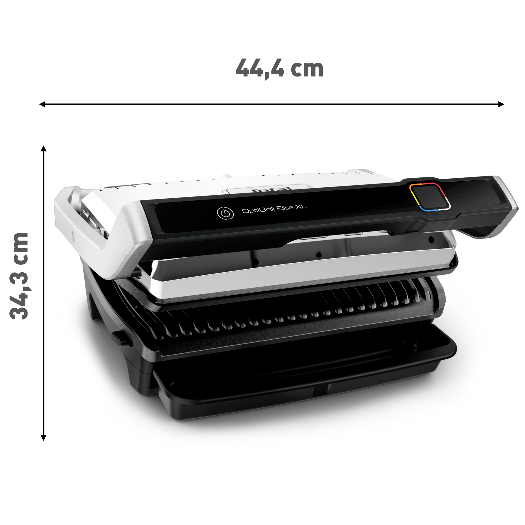 Tefal OptiGrill Elite XL, weiß und schwarz, offen. Abmessungen sind angegeben. Oberseite hat einen Ein-/Ausschalter und Farbanzeige.