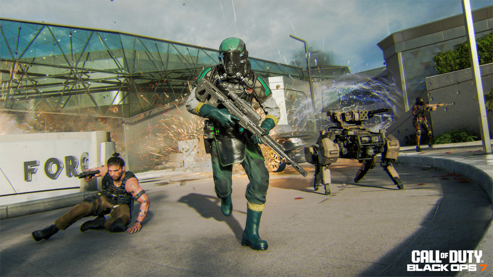 Futuristic soldiers in combat. One is running, holding a gun. Another is on the ground. Robots and explosions are in the background.