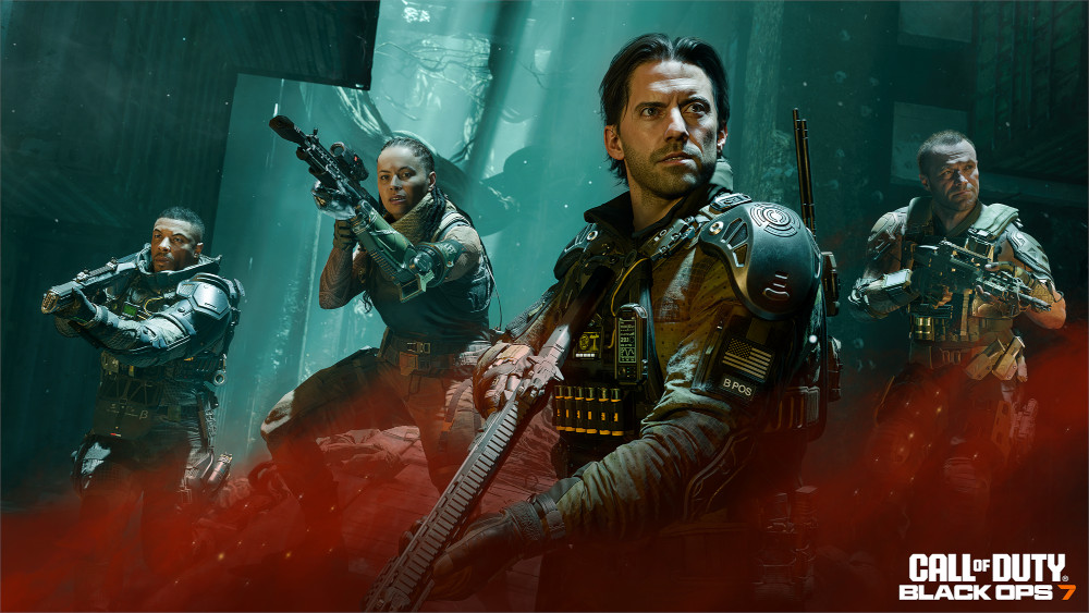 Four soldiers with weapons, in a dark environment. One in focus, holding a rifle. Others are in the background, all armed and ready.