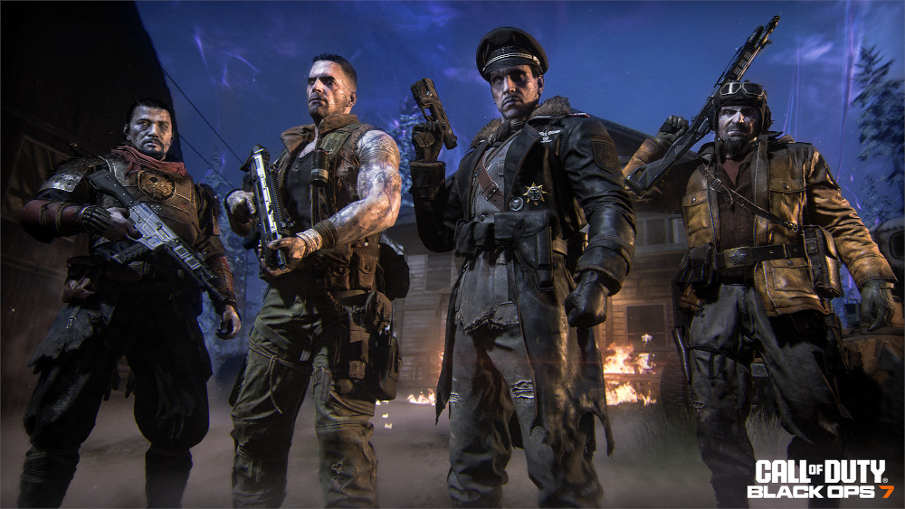Four figures from Call of Duty: Black Ops 7 stand, armed, in front of a burning building. The scene takes place at night.