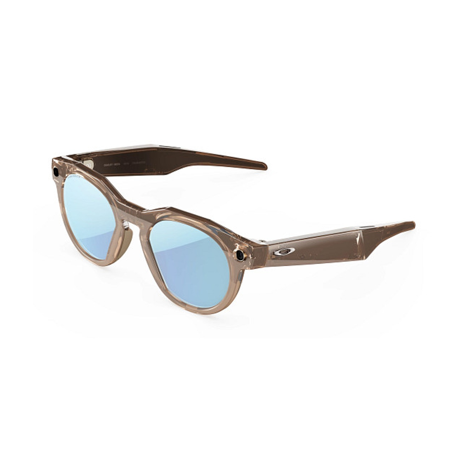 Un paio di occhiali da sole con montatura marrone trasparente e lenti azzurro chiaro, su una superficie bianca.