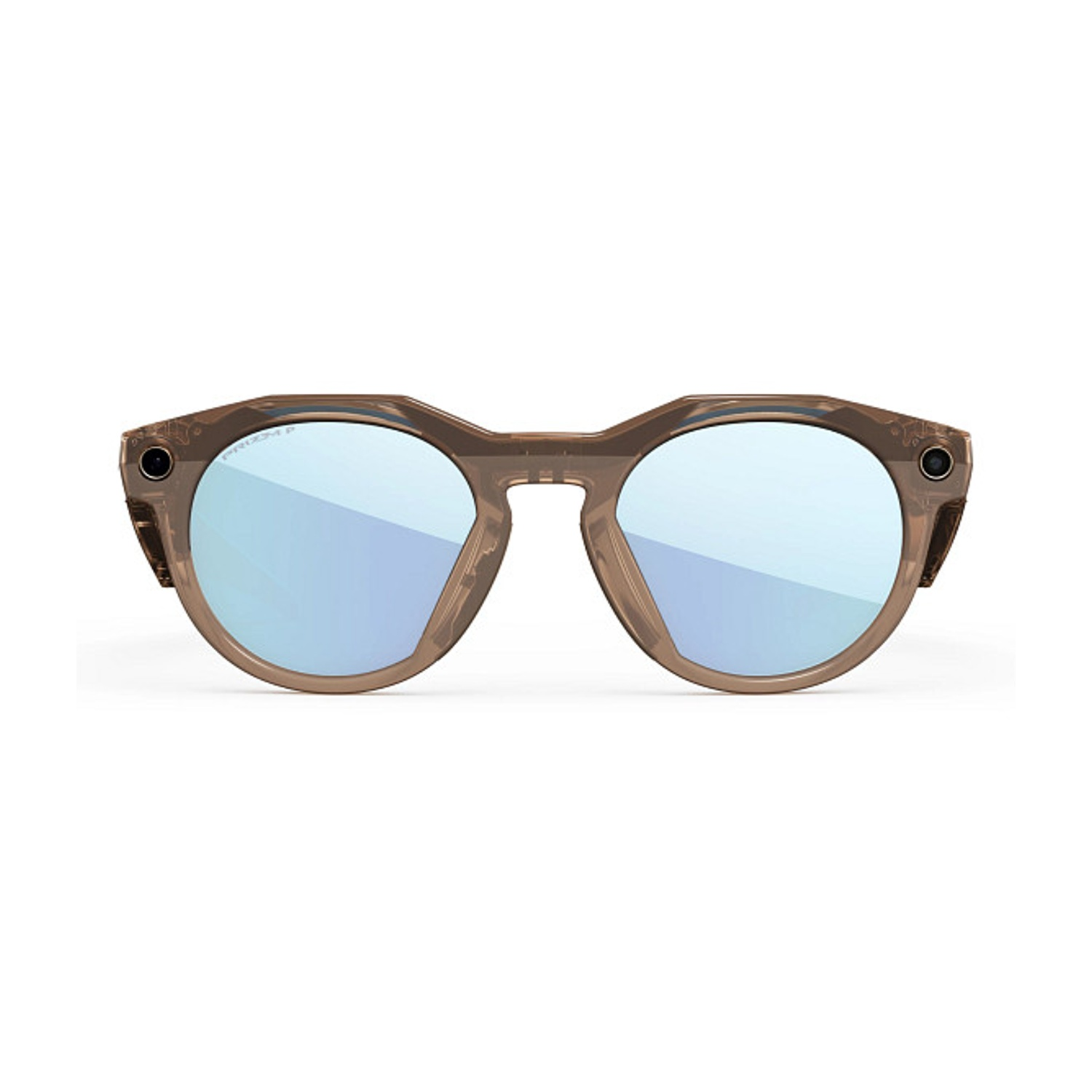 Occhiali da sole con montatura marrone e lenti blu riflettenti. Gli occhiali sono su sfondo bianco.