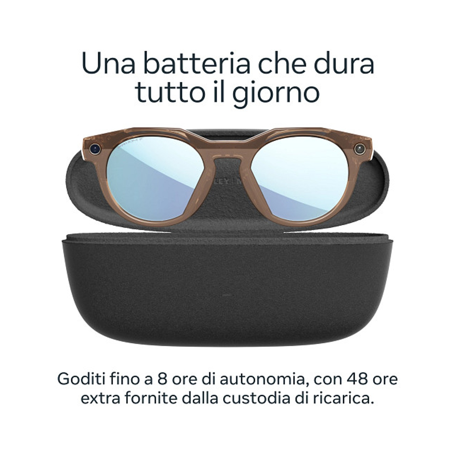 Occhiali in custodia. Montatura marrone, lenti blu. Testo: 'batteria che dura tutto il giorno' e dettagli sulla durata.