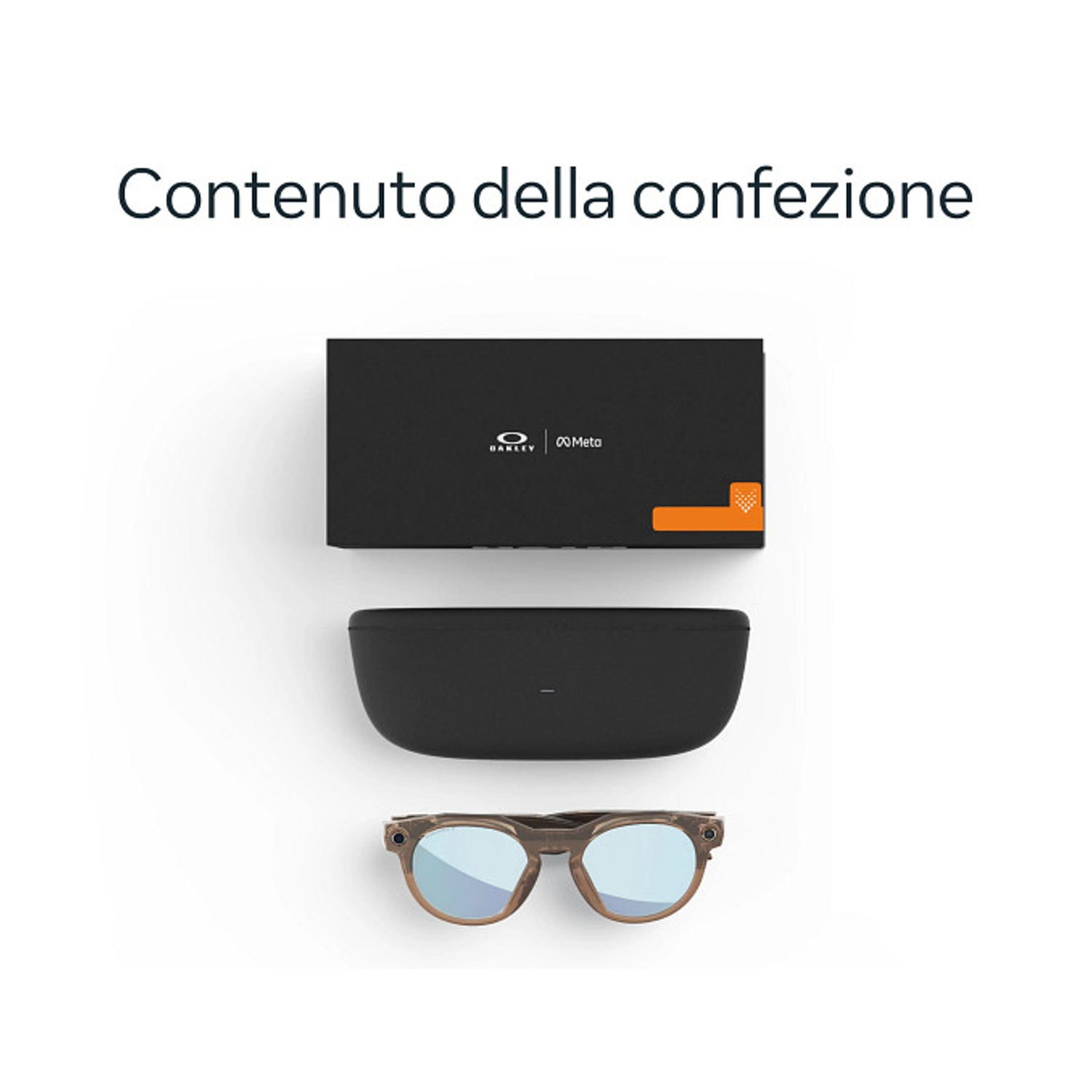 L'immagine mostra il contenuto di una confezione: una scatola nera, una custodia nera e un paio di occhiali con montatura marrone e lenti blu.