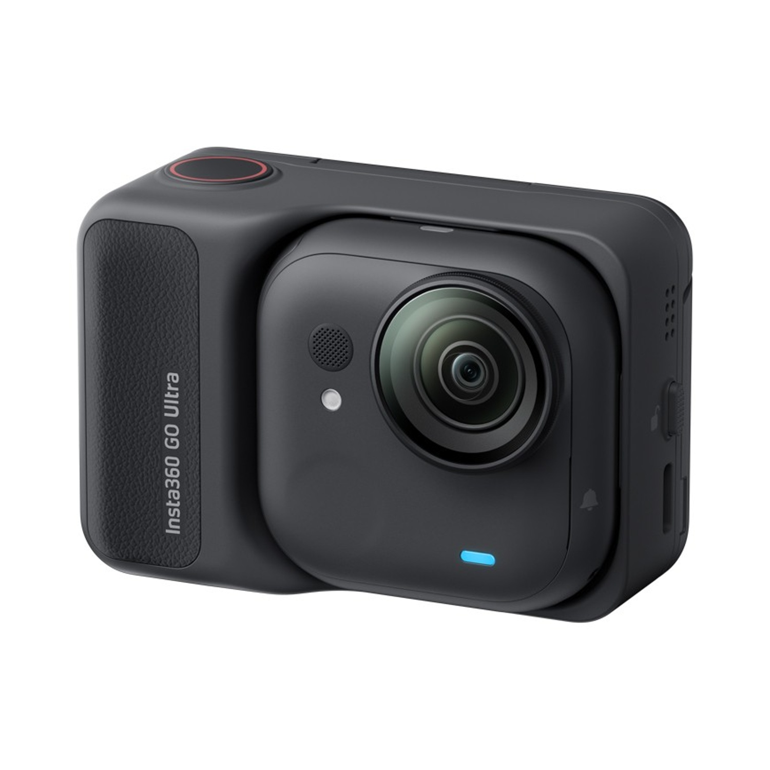 Una fotocamera Insta360 GO Ultra nera. Ha un obiettivo, un pulsante di accensione e una spia di stato. Il nome del marchio è visibile.