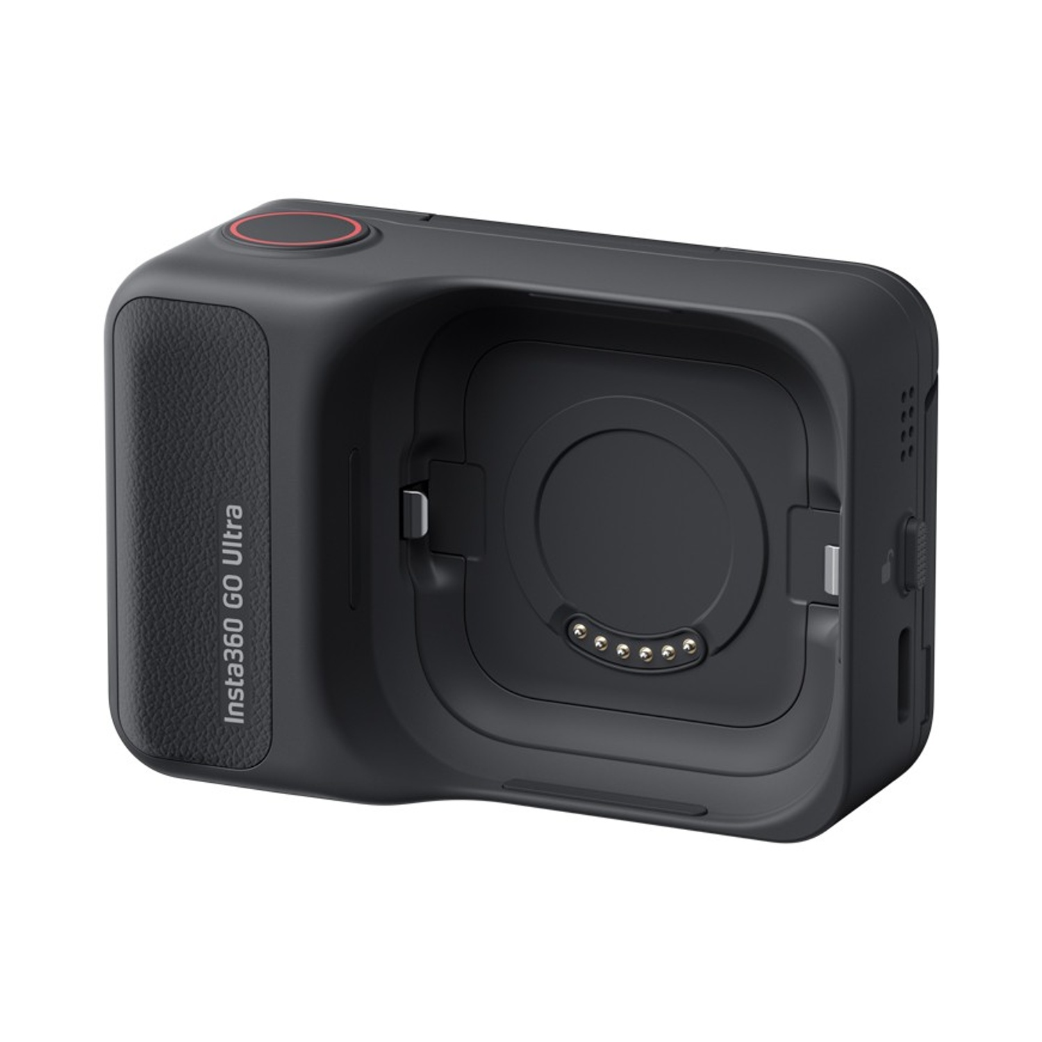 Custodia di ricarica nera per fotocamera Insta360 GO Ultra, con pulsante rosso, lato testurizzato. La custodia ha una porta di ricarica circolare.