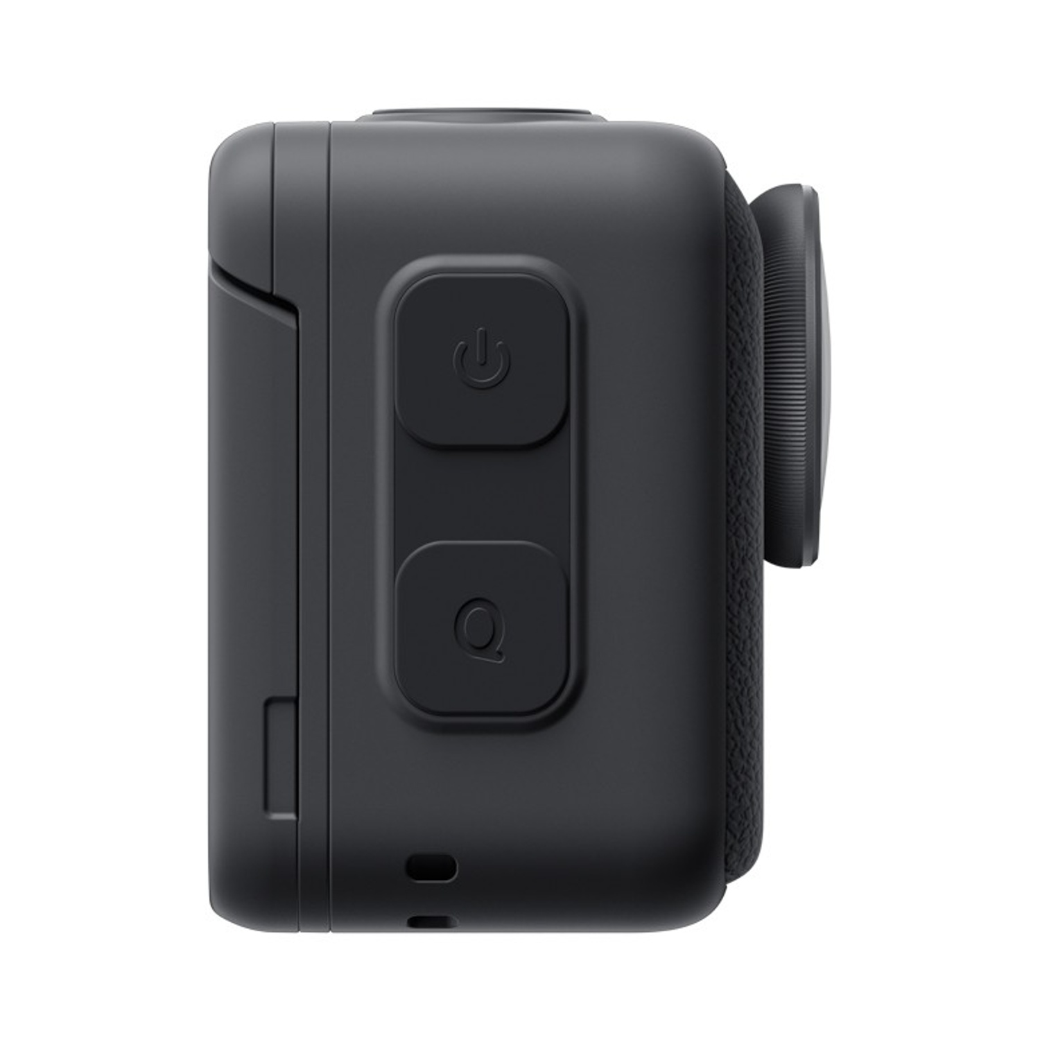 Una action cam nera con pulsanti di accensione e azione rapida. Ha un obiettivo laterale e un'impugnatura strutturata. Lo sfondo è bianco.