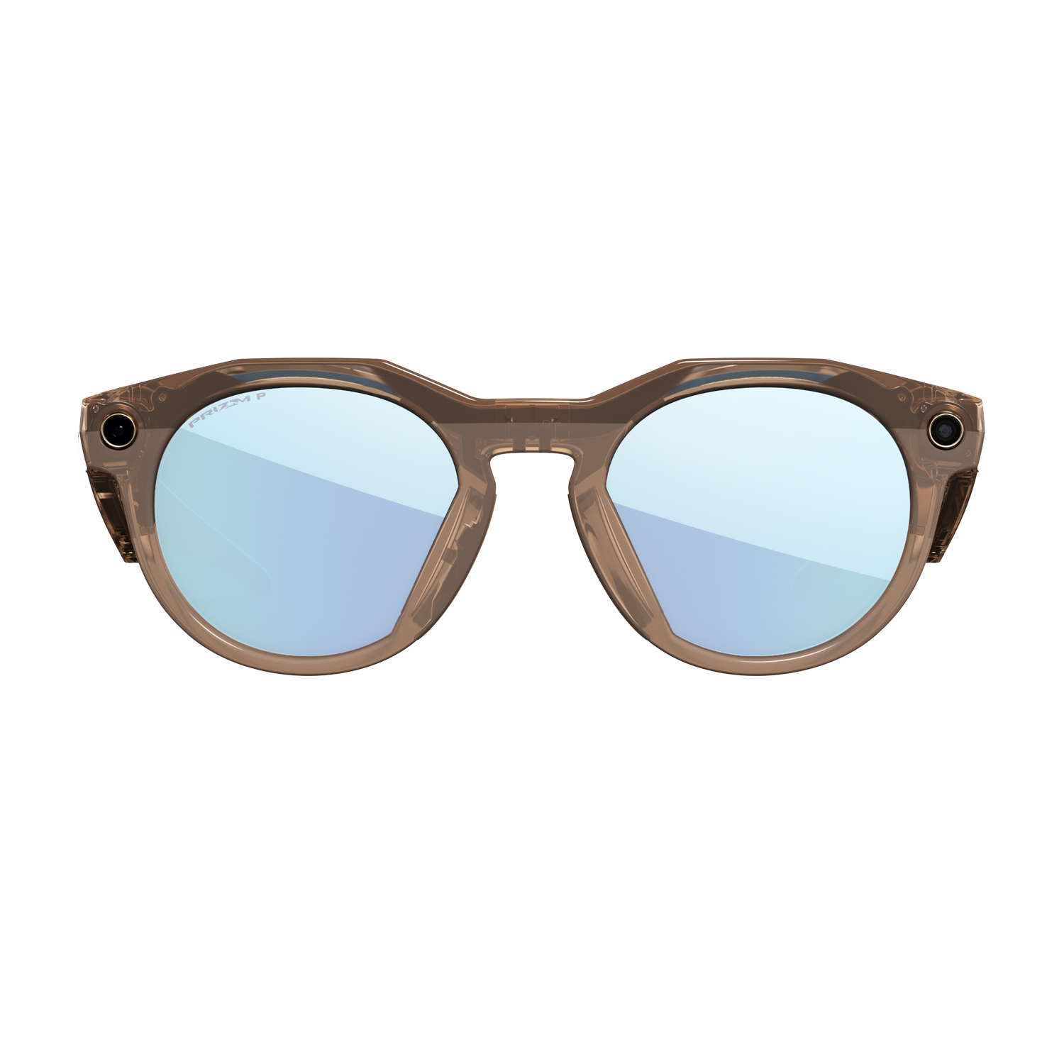 Gafas de sol con montura marrón y lentes redondas con reflejo azul. Pequeñas cámaras en los laterales. Fondo gris neutro.
