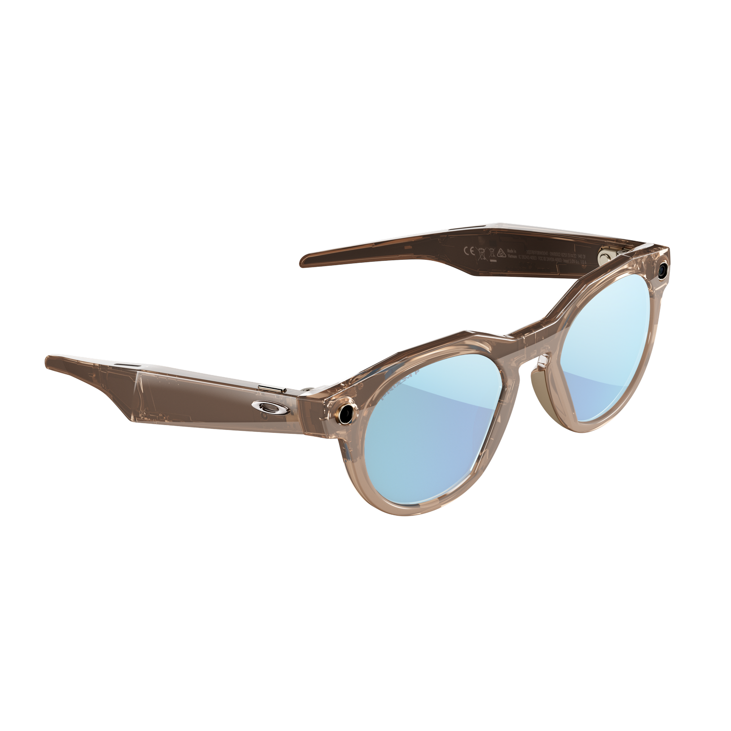 Gafas de sol marrones transparentes con lentes azules, sobre fondo gris. Las gafas tienen un diseño moderno.