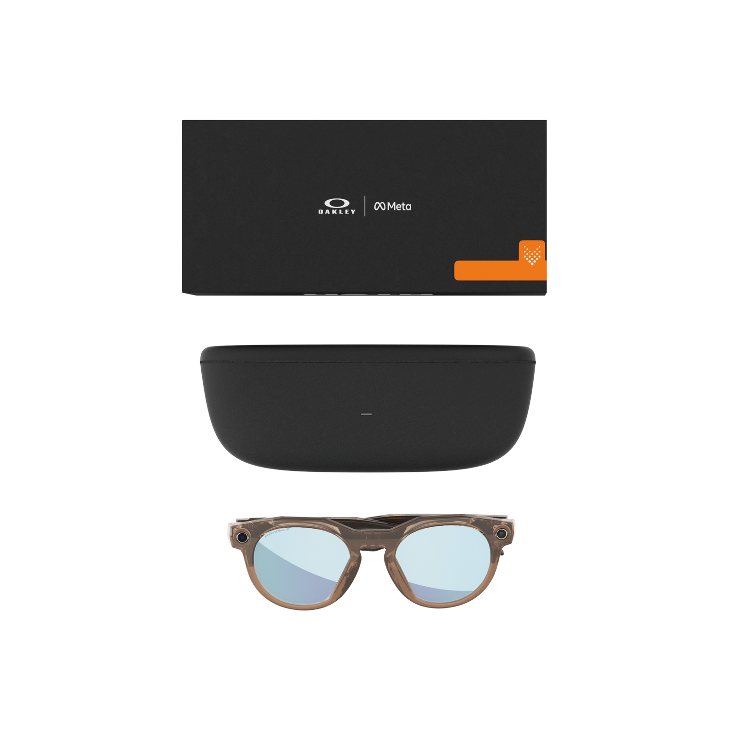 Disposición de gafas de sol Oakley Meta, estuche y caja. Las gafas son marrones, las lentes azules, el estuche y la caja negros.
