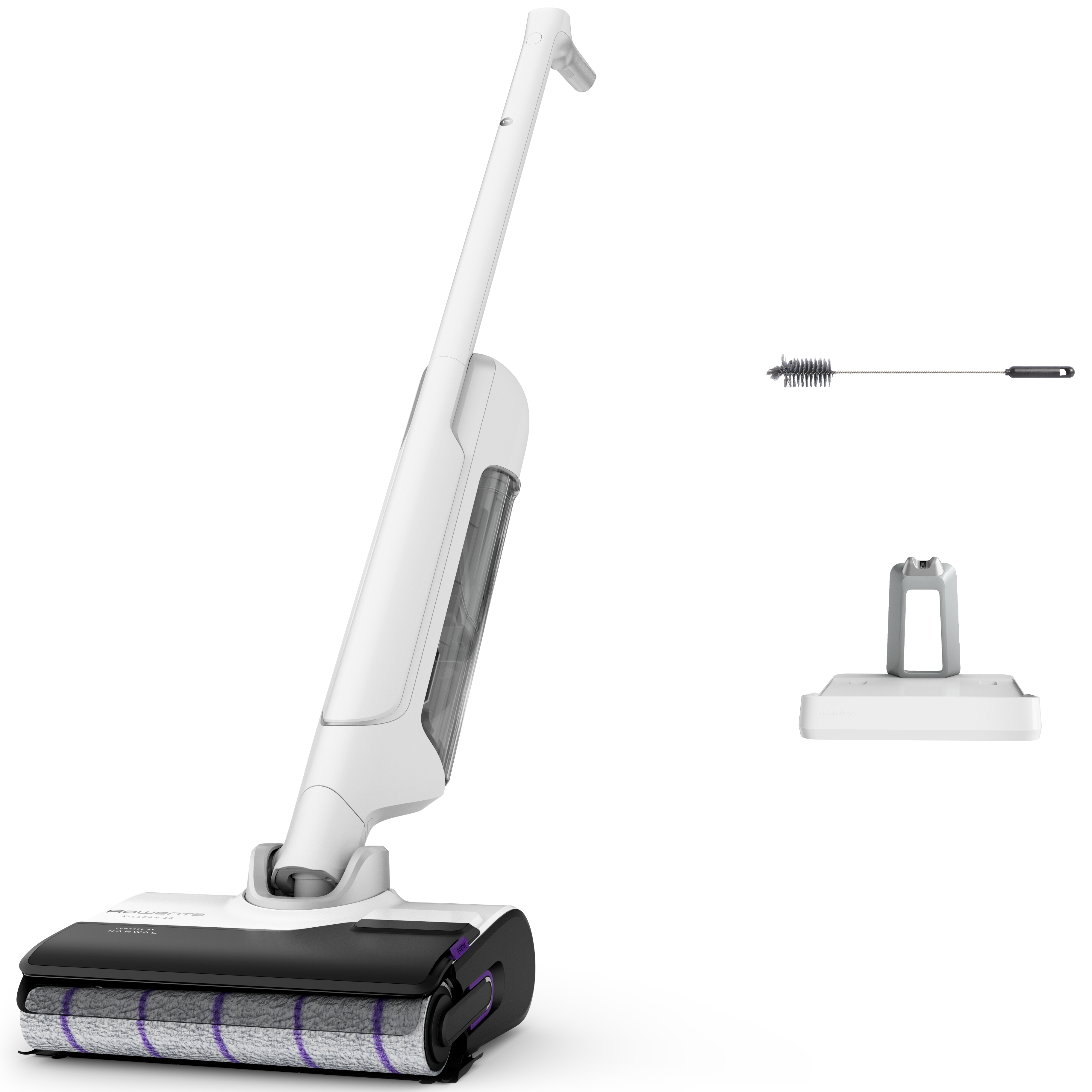 Ein weißer und schwarzer kabelloser Staubsauger mit Zubehör. Isoliert auf schwarzem Hintergrund. Der Staubsauger hat einen Griff.